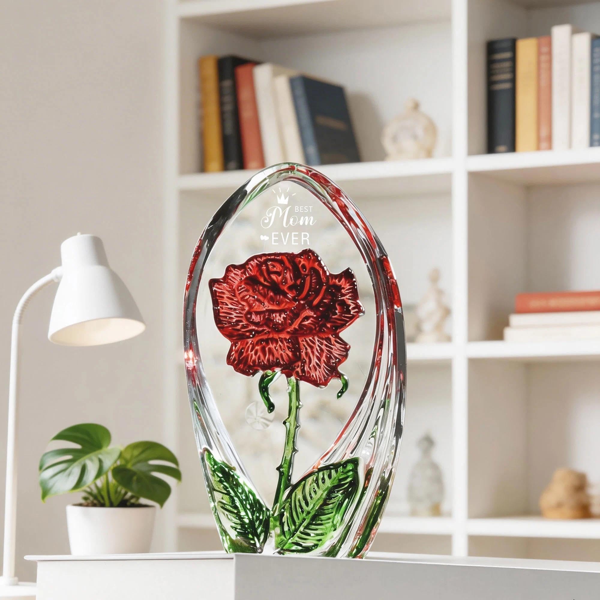 QFkris Best Mom Ever Engraved Glass Rose Gift for Mom, Crystal Flower Figurine Decoration, from Daughter Son, Birthday Christmas Appreciation Keepsake, Decorative Glass Rose Paperweight