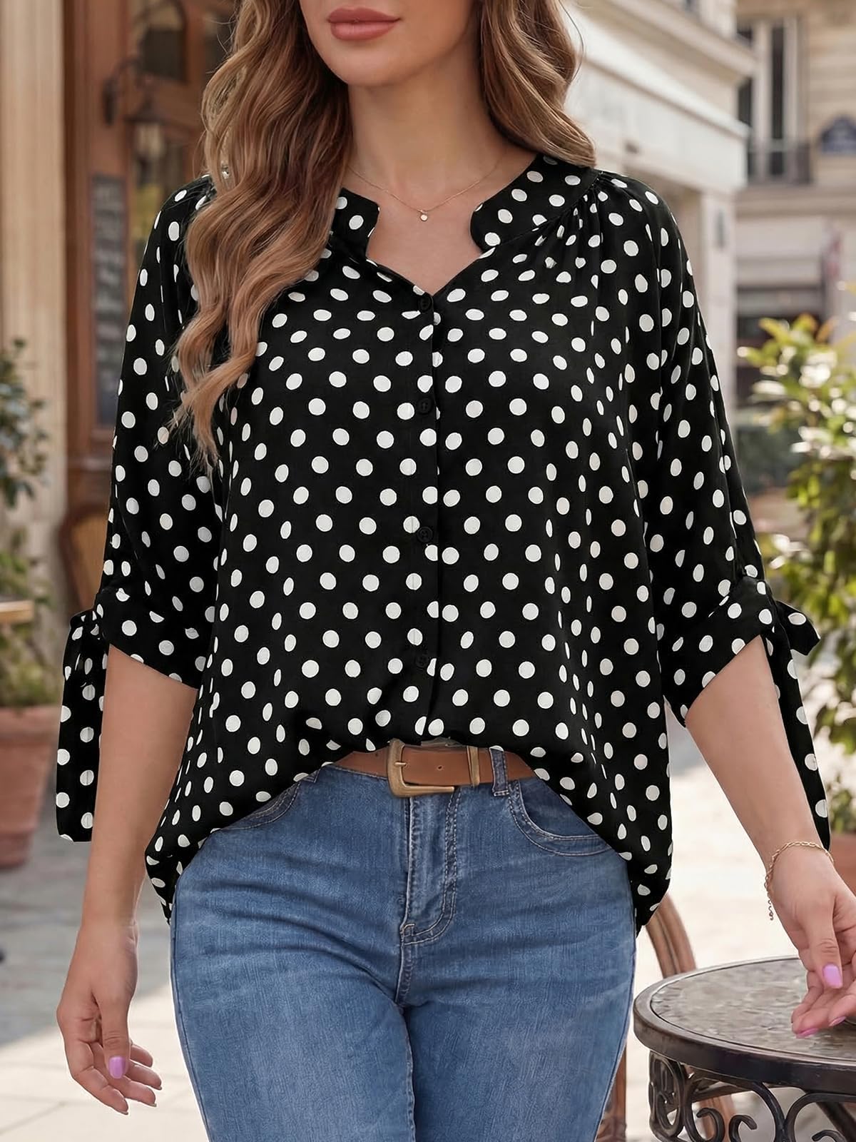 Cicy Bell Camicia da donna a pois con scollo a V