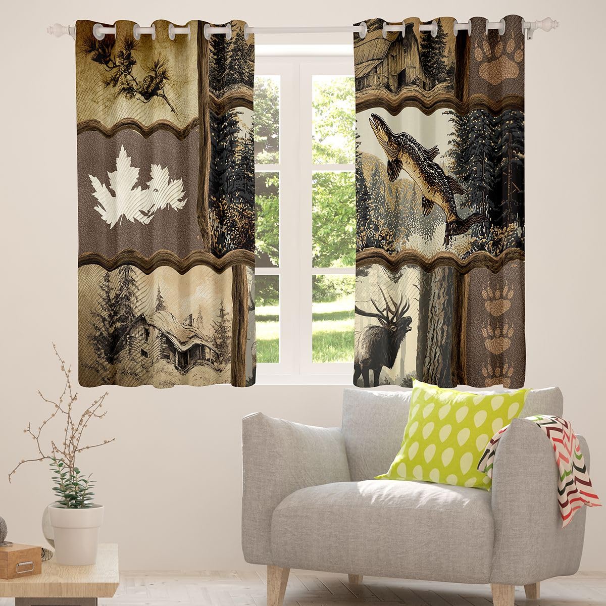 Homewish Zasłony okienne do wędkowania i polowania, 117 x 183 cm, 2 zestawy paneli - wędkarskie rustykalne zasłony zaciemniające patchworkowe dzikie zwierzęta nadruk zasłony okienne zasłony męskie