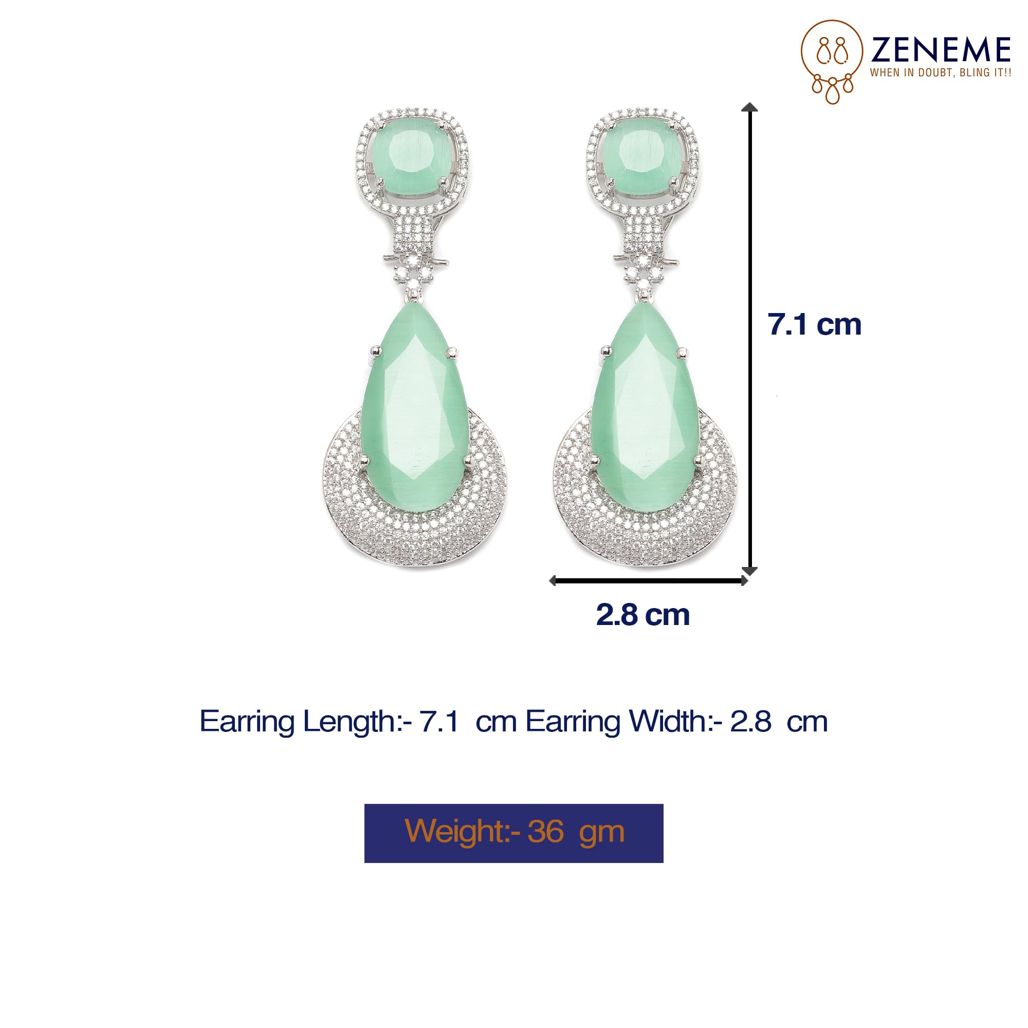 Rhodium-Plated Teardrop Drop Earrings With American Diamond Studs