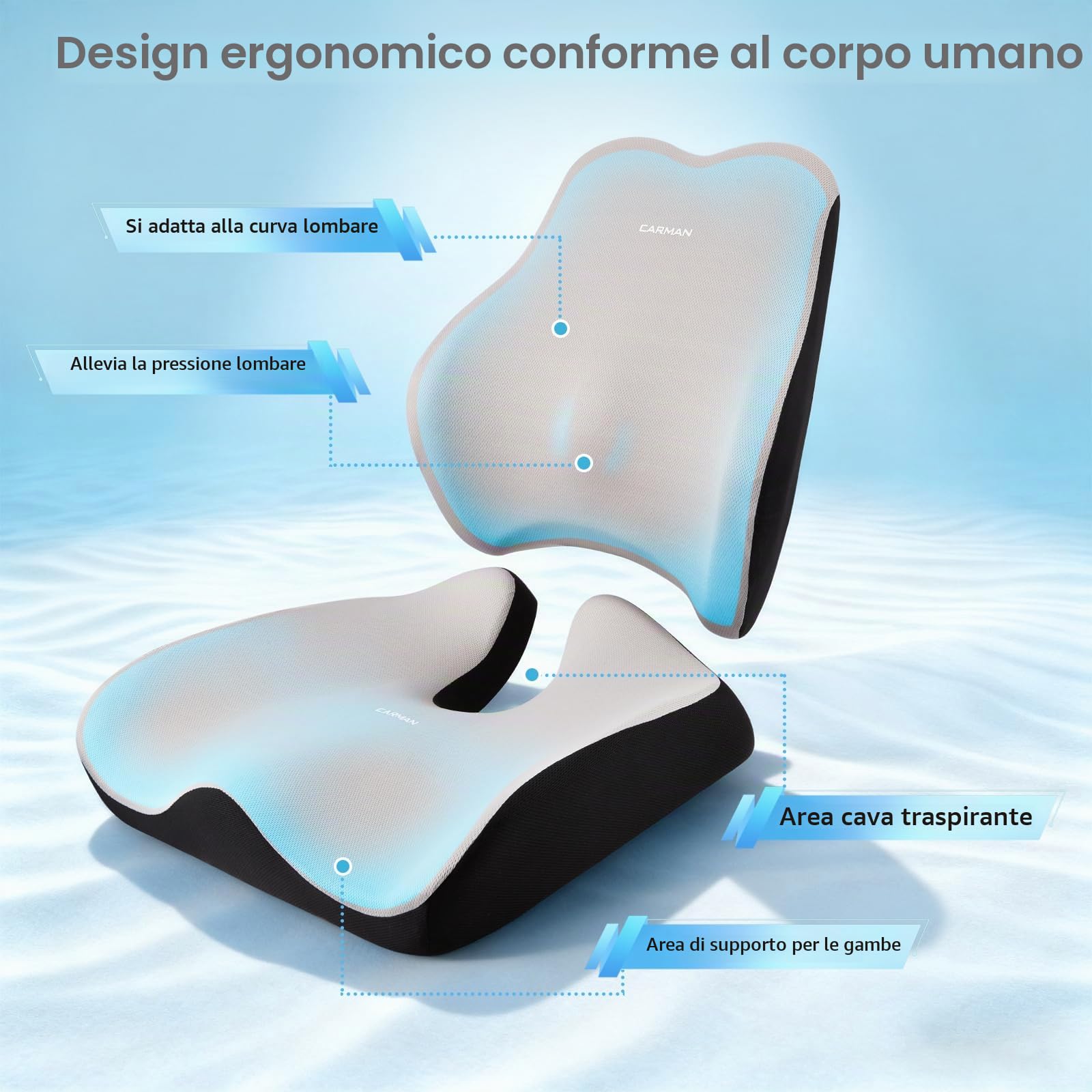 Cuscino per seduta e schienale, cuscino ortopedico per alleviare la pressione per il coccige, cuscino ergonomico per coccige, memory foam per ufficio e auto