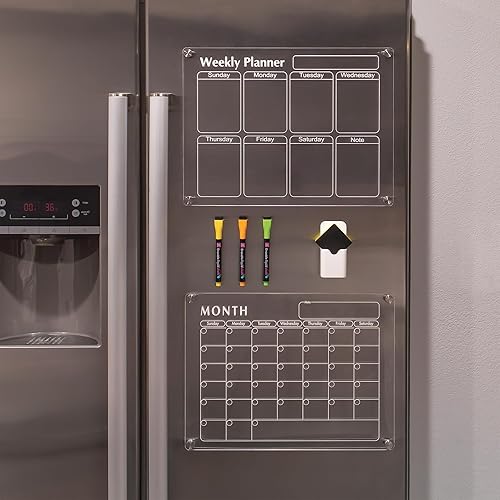 Harmoni Home and Kitchen - Juego de calendarios acrílicos magnéticos para nevera - Dos planificadores reutilizables transparentes para mes y semana,