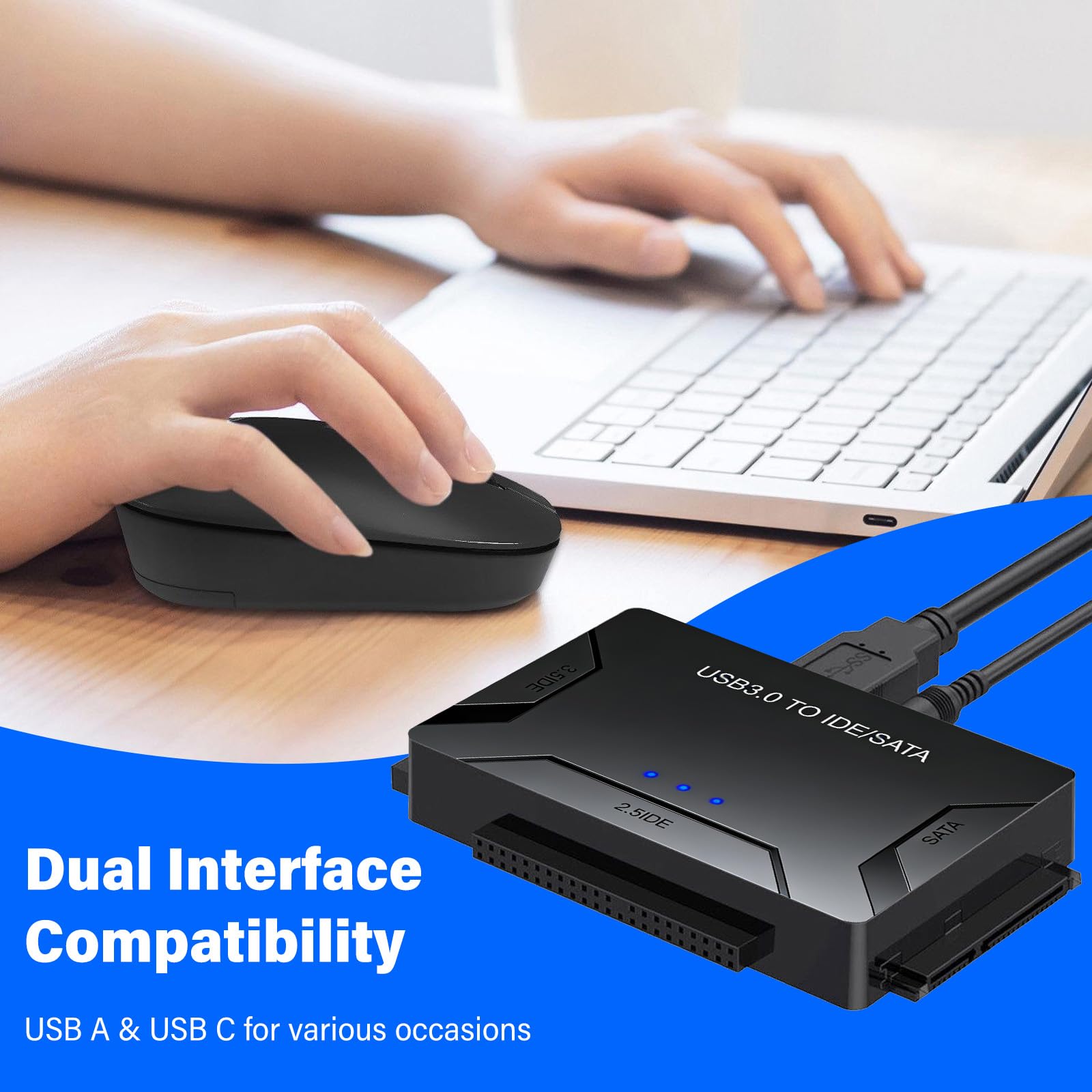 Leikurvo Adattatore USB 3.0 a SATA IDE per dischi rigidi SATA da 2,5/3,5 pollici, adattatore per disco rigido esterno con cavo USB+cavo SAT A+alimentatore da 12 V/2 A per Windows 10/8/7/XP/Mac