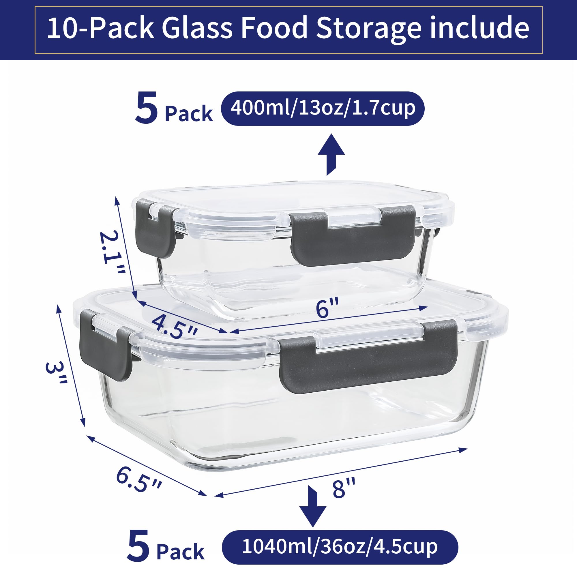 MFY Glasbehälter mit Deckel, Lebensmittelzubereitungsbehälter mit auslaufsicheren Verschlussdeckeln, luftdichte Glas-Lunchbox mit Deckel, BPA-freie Behälter-Sets für Mikrowelle, Backofen
