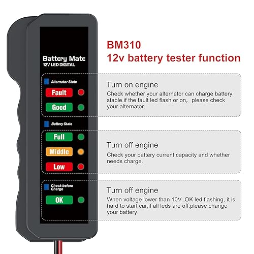 Miniatura 4 de 12V Probador de batería de coche BM310 Analizador de batería automotriz Comprobar la carga de la batería del alternador, 6 indicadores LED