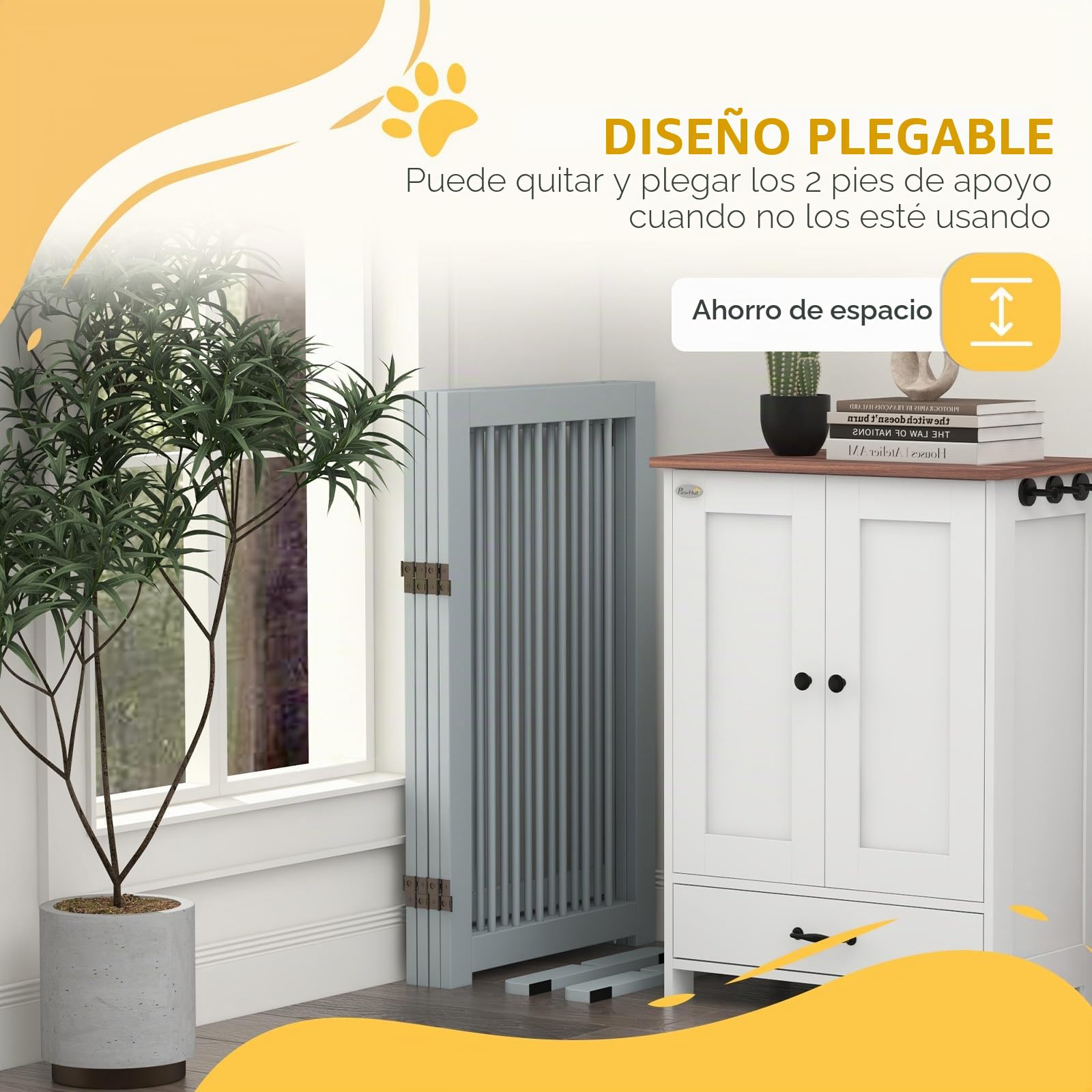 PawHut Barrera para Perros de 4 Piezas, 220 x 91 cm Puerta de Seguridad Plegable con Puerta, Puerta para Perros Independiente con 2 Patas de Apoyo, Puerta de Madera para Pasillo, Cocina, escaleras,