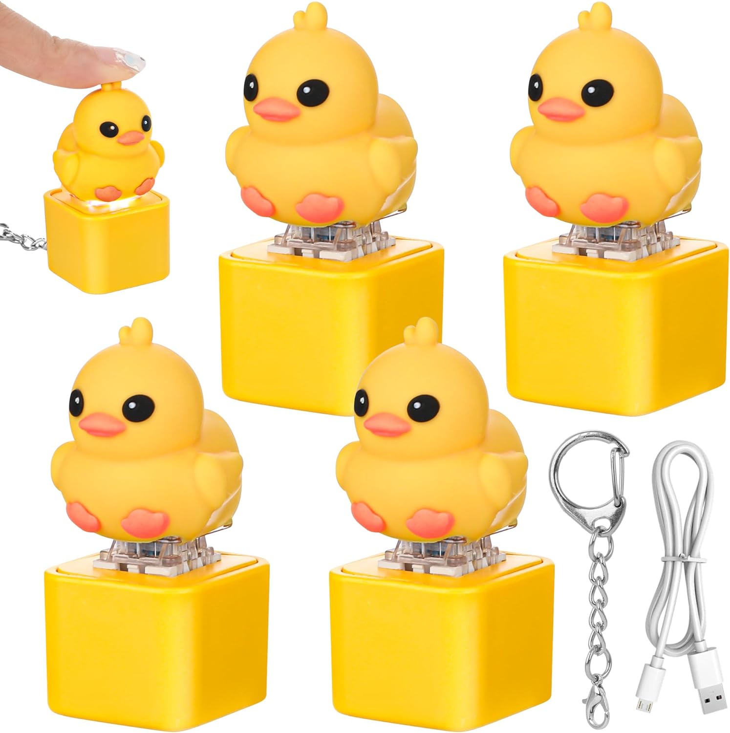 4Pcs Duck Quacking Fidget Toy, Rechargeable Quacking Duck Keychain, Quacking Duck Stress Reliever with Colorful Lights and Charging Cable, Fun & Portable Anxiety Relief Toy