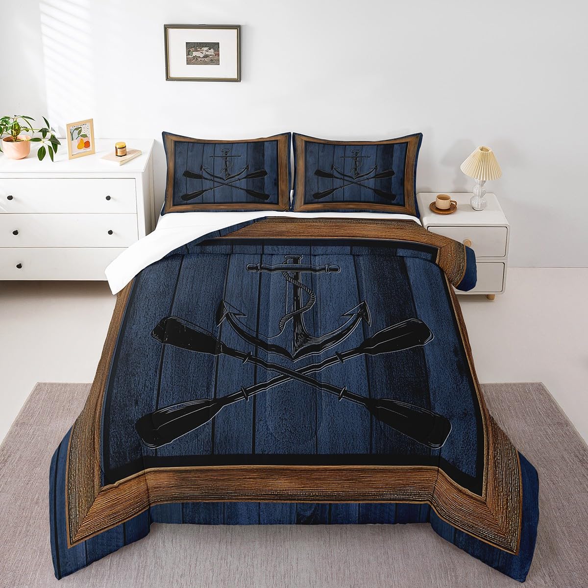 Lake Life Full Size Comforter Set,Nautical Anchor Paddle Print Bedding Comforters Bedroom Collection,Navy Blue Wooden Board Rustic Plaid Bedding Set for Girls Teens