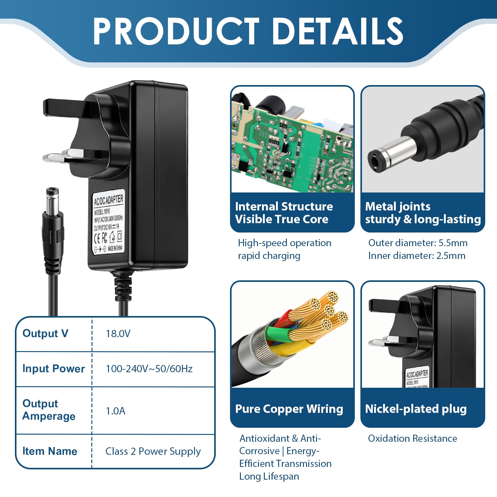 18V 1A AC to DC Power Supply Adapter, 100-240V Charger 18 Volt 100mA~1000mA with 5 DC Connector Center Positive for 18V Logitech Radio, Speaker, Sound Bar (Not for Drill or Guitar, Not for Battery) — view 6