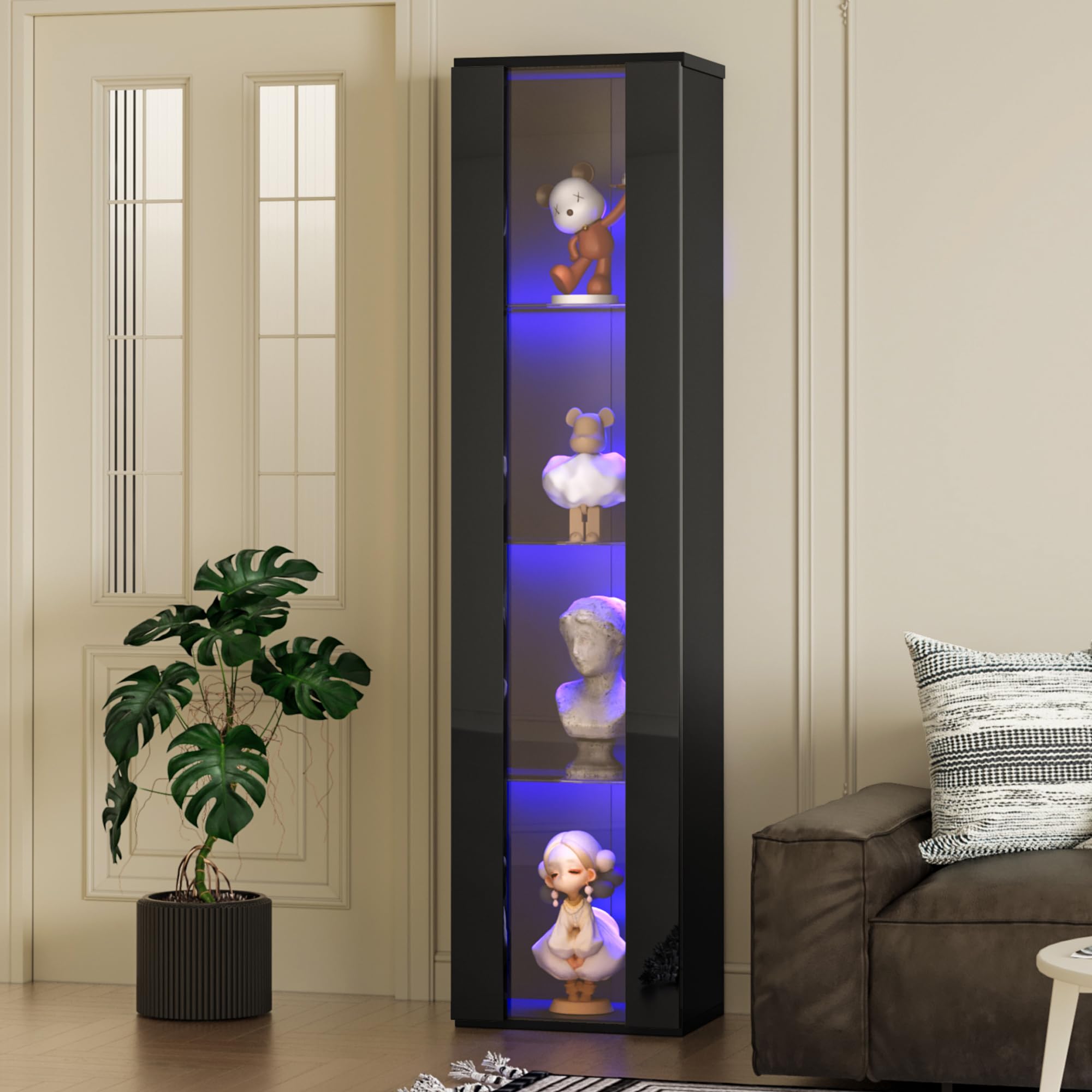 Bladez Vetrina con illuminazione a LED, 40 x 29 x 170 cm, vetrina in vetro a 4 livelli, con vetro acrilico e cambio colore tramite app/telecomando, moderna vetrina da collezione per soggiorno, ufficio