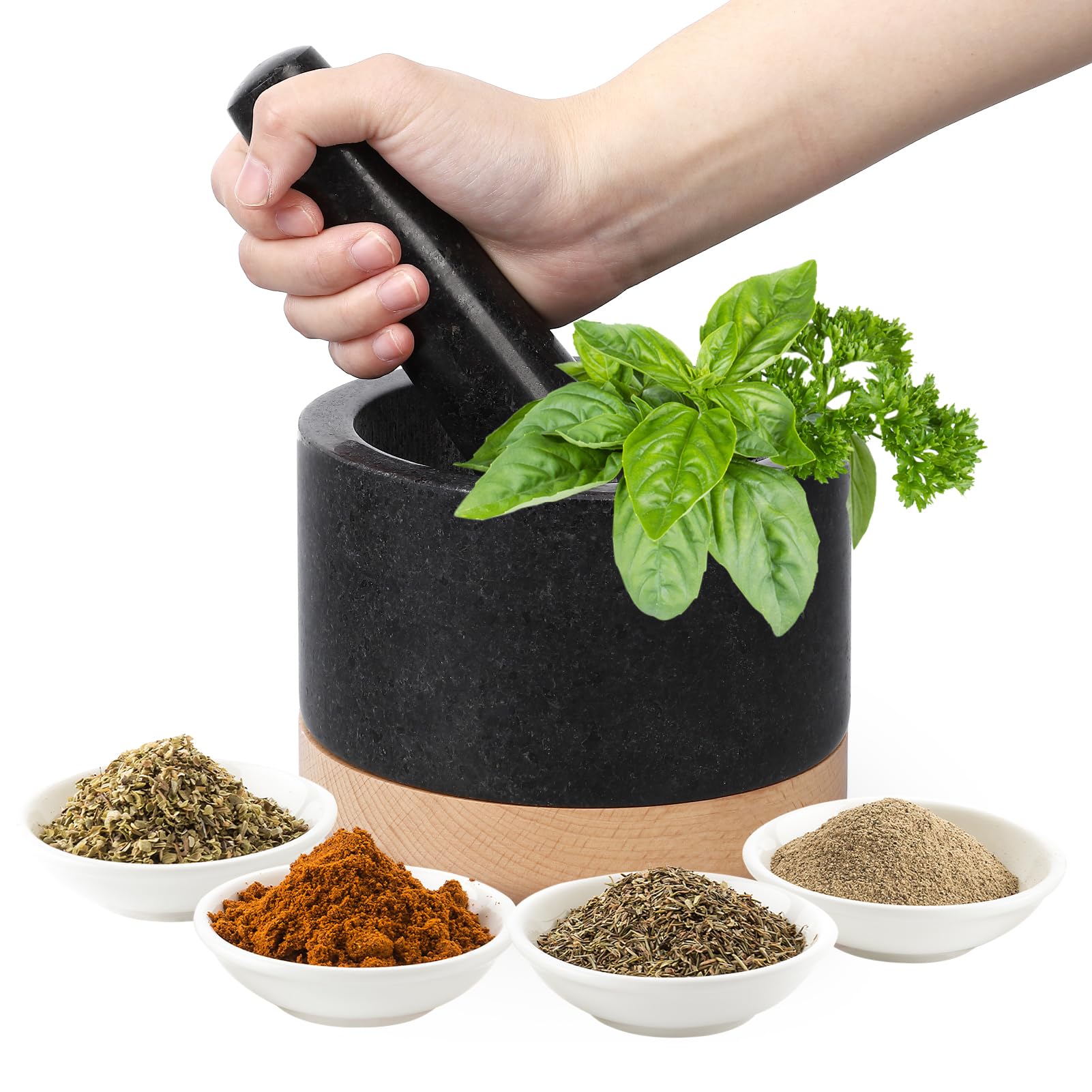 Juego de mortero y mortero con base de madera, cuencos de granito para guacamole, cuenco de aguacate pulido sin arañazos, especias de cocina y condimentos, accesorios de cocina