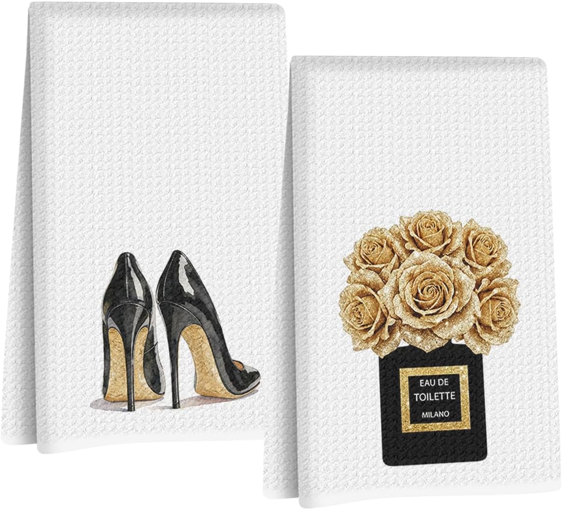 2 Pcs Gold and Black Towels for Bathroom Kitchen Decor 24x14 Inch