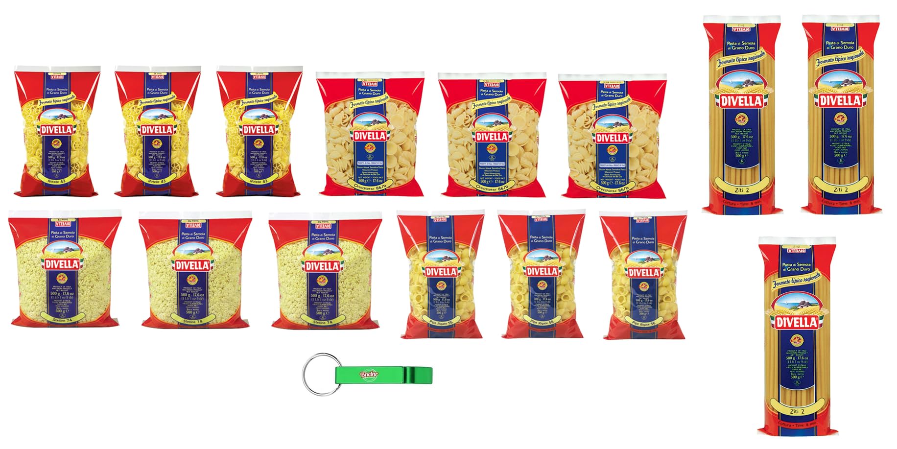 15x Divella Pasta Testpaket Ziti - Rotelle - Orecchiette - Stelline - Pipe Rigate,Italienische Nudeln aus Hartweizengrieß,500g + Beni Culinari Kostenloser Schlüsselanhänger