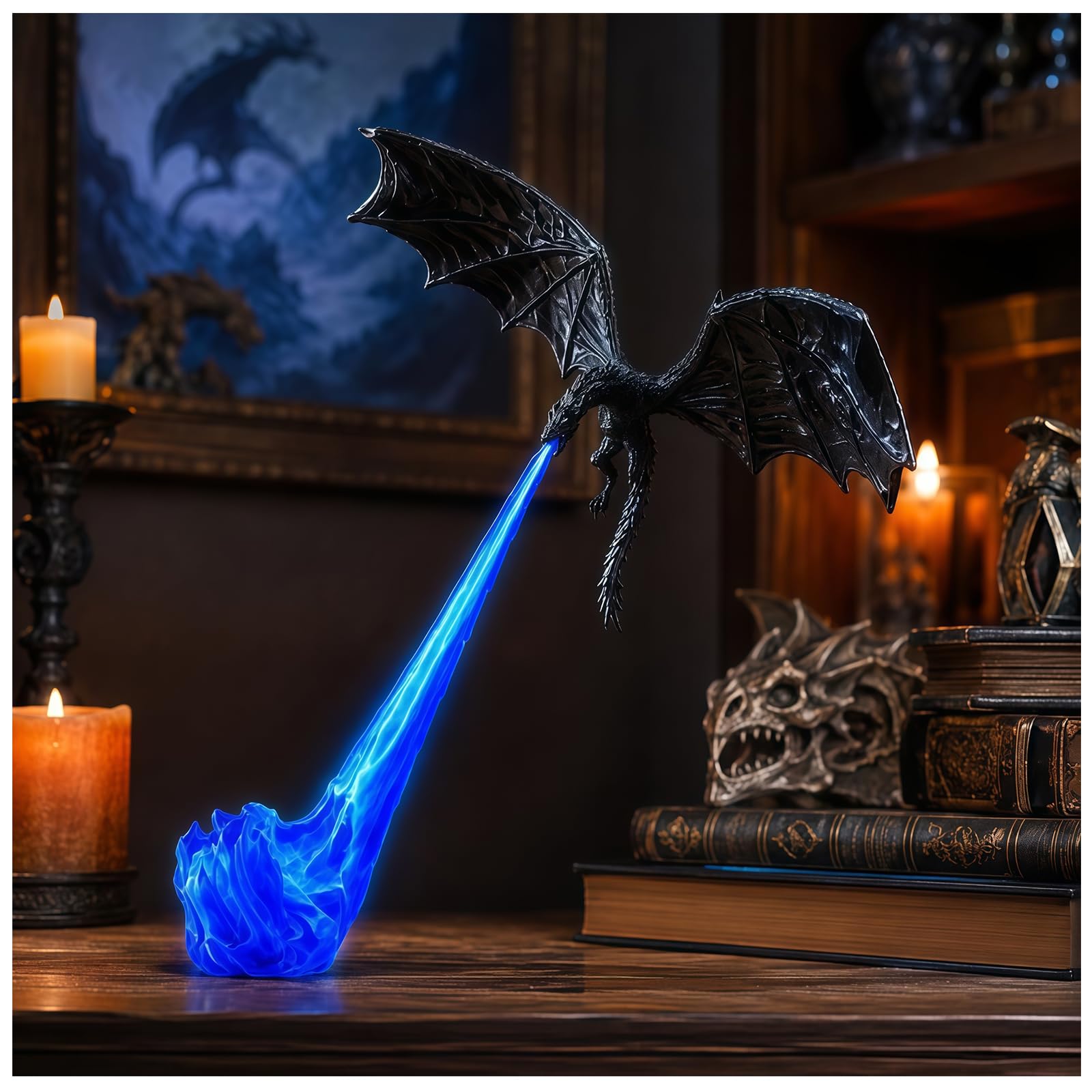 LED Dragon Book Nook Bookshelf Lantern Vintage Flame Shelf Light F-Large
