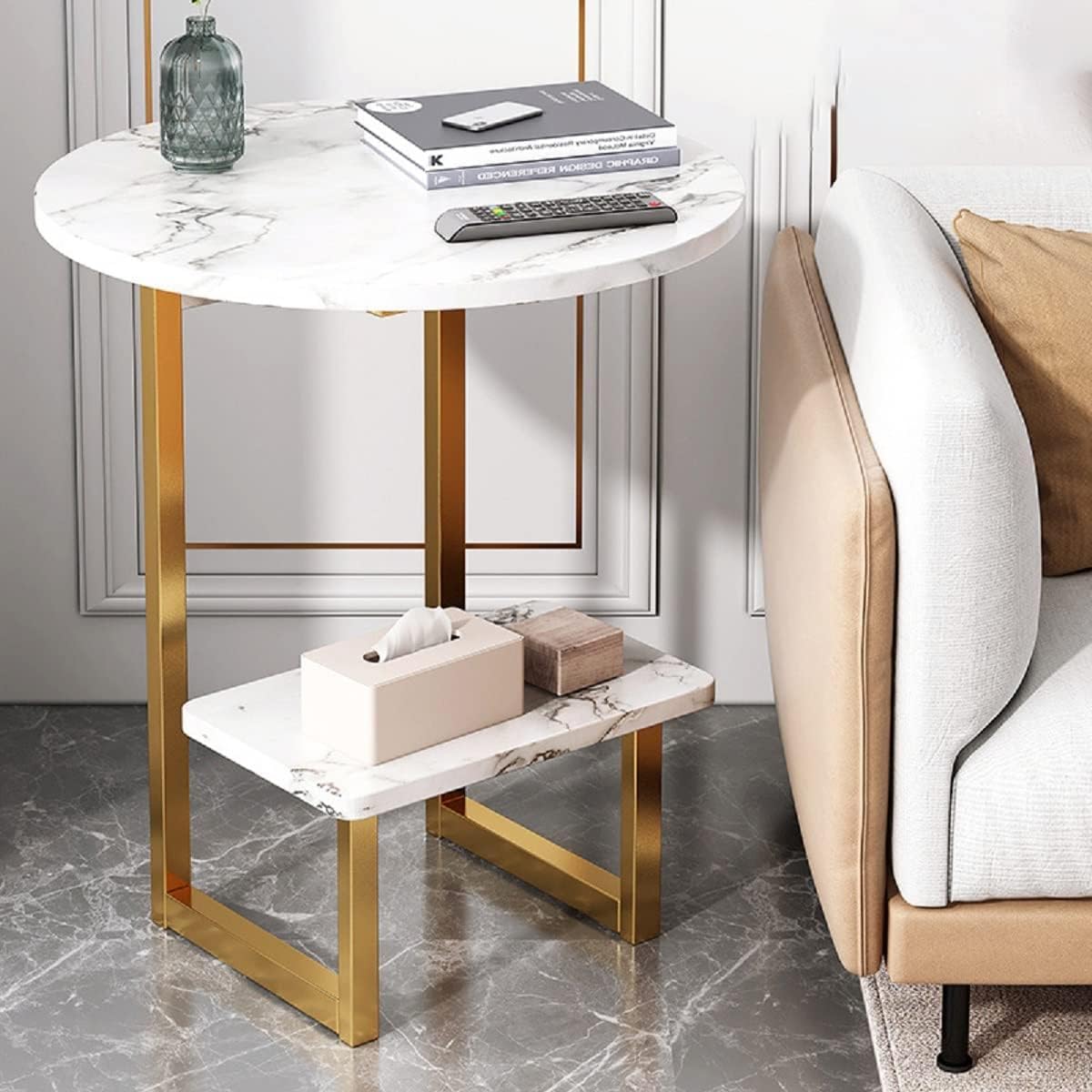 UPJAKS Beistelltisch Moderner marmorierter Beistelltisch, 2 Etagen, Sofa-Couchtisch, 16-Zoll-Sockeltisch, kleines Snack-Tablett, Tischdisplay für Wohnzimmer, Balkon, Schlafzimmer Tisch