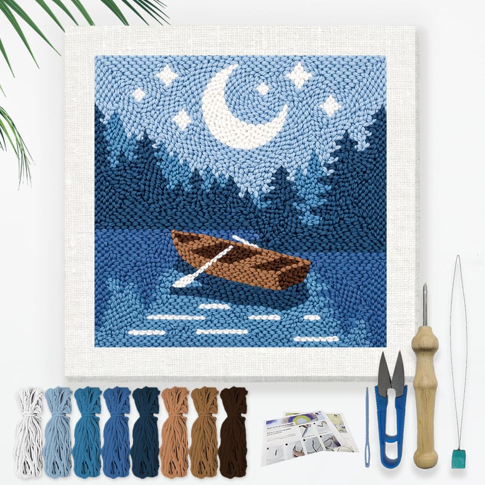DOODLREAM Crescent Moon Lake Canoe Forest Punch Needle Kit for Beginner