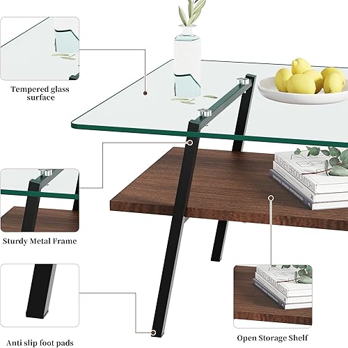 Miniatura 6 de IANIYA Mesa de centro de cristal para sala de estar, pequeña mesa auxiliar dorada de mediados de siglo para sala de estar con estantes de madera