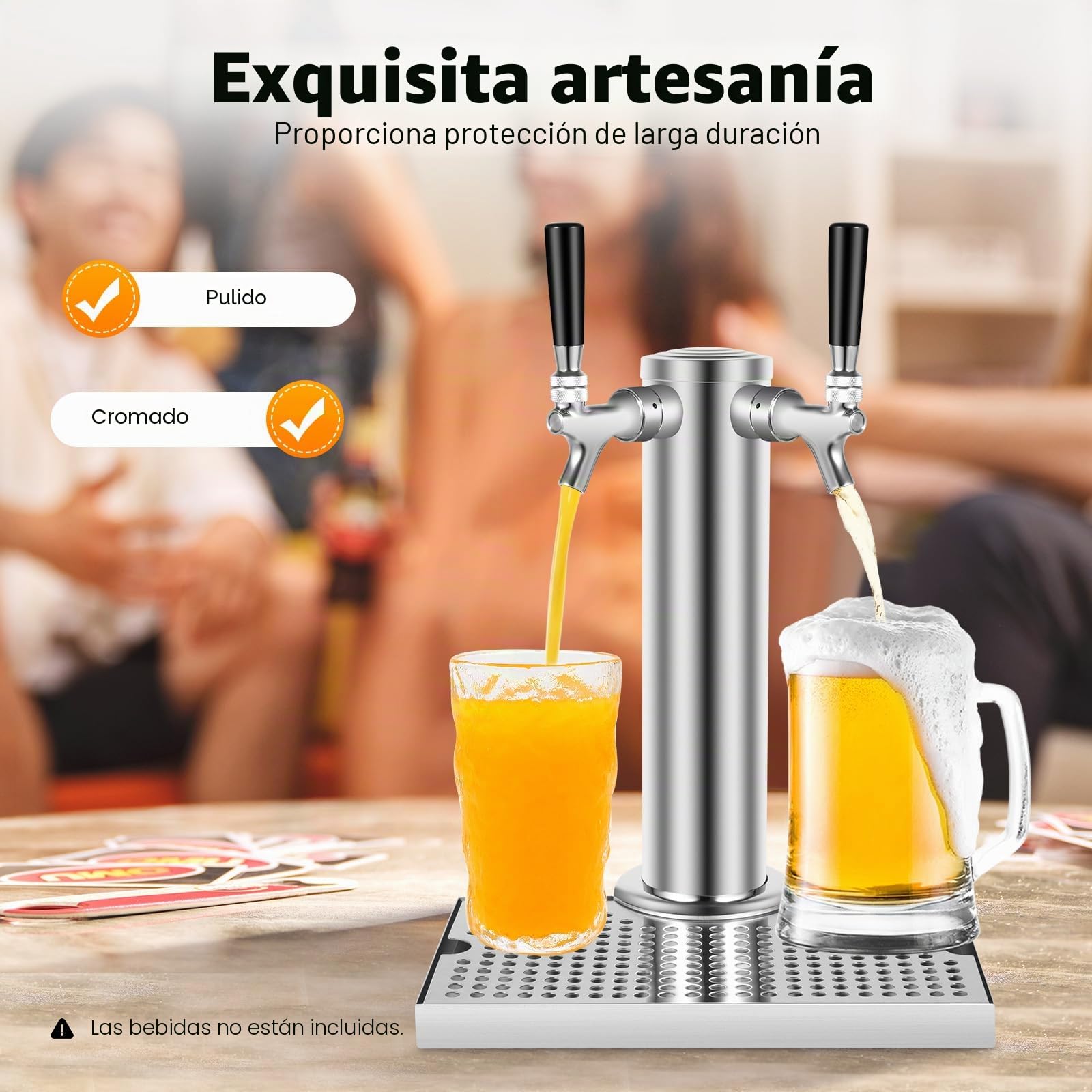 Dispensador de cerveza de doble caño para cerveza, torre de cerveza, 2 grifos, acero inoxidable, dispensador de bebidas para bar, uso doméstico, tubos de PVC de 1,5 m, cromo pulido, 3 kg de peso