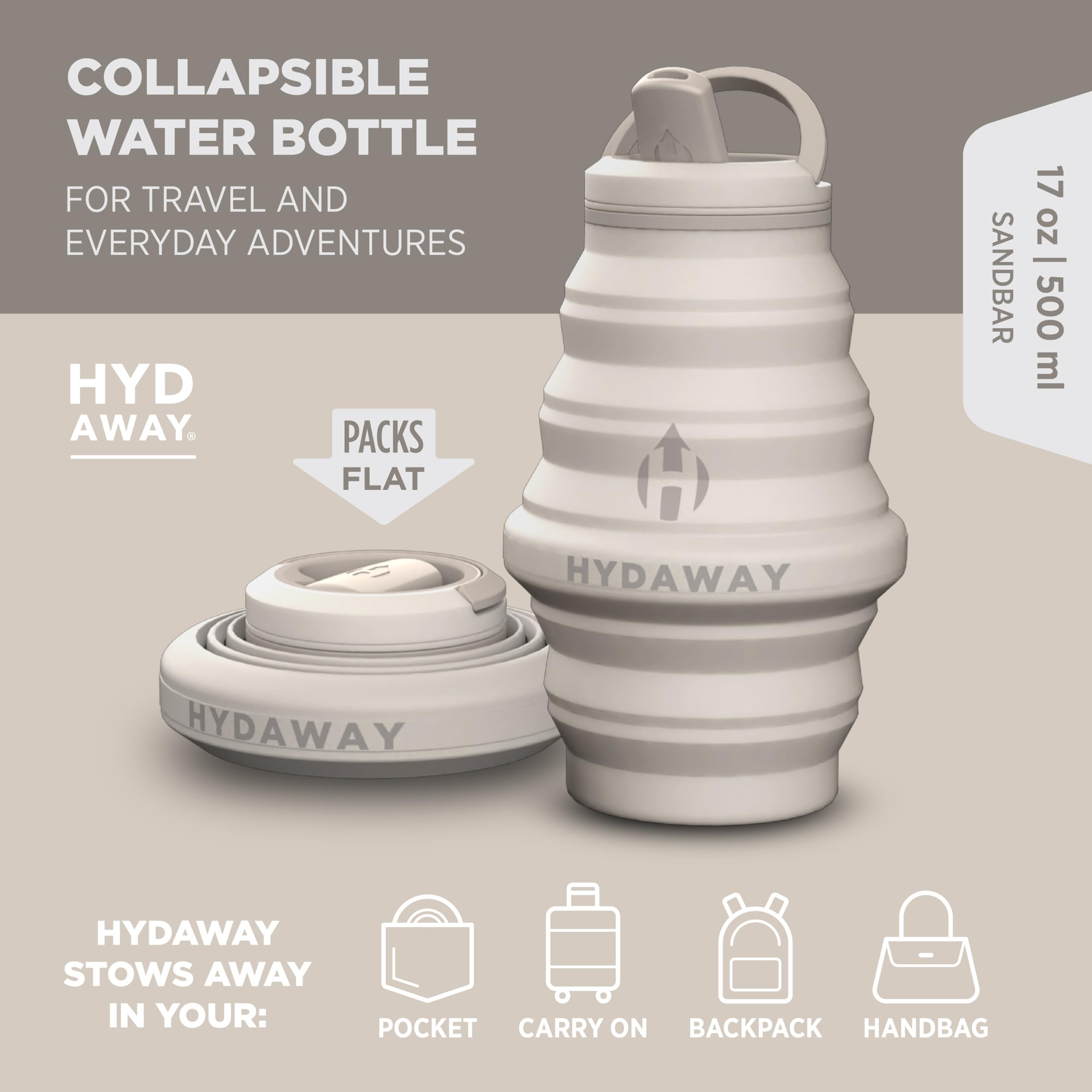 HYDAWAY Bouteille d'eau pliable de 500 ml – Sans BPA, étanche, légère et peu encombrante – Parfaite pour les voyages, la randonnée et l'hydratation quotidienne