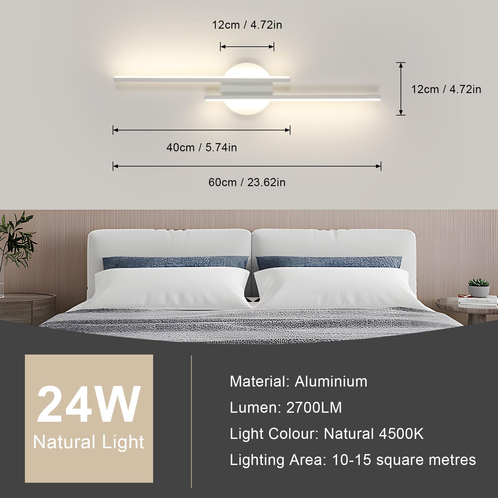 Mckalen Applique da Parete Interno LED, 24W Lampada da Parete Bianca Moderna 2700LM, Lampada a Muro Camera da Letto Luce Neutra 4500K per Bagno Soggiorno Scale Corridoio, 60CM