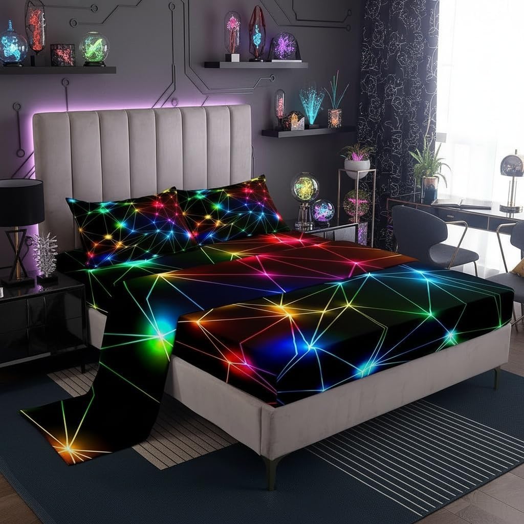 Manfei Rainbow Neon Lights Fitted Sheet Set with 2 Pillowcase,Colorful Glowing Crossed Stripes (Not Glowing) Bed Sheet Teens,Geometric Modern Top Flat Sheet Luxury Microfiber,Queen Size