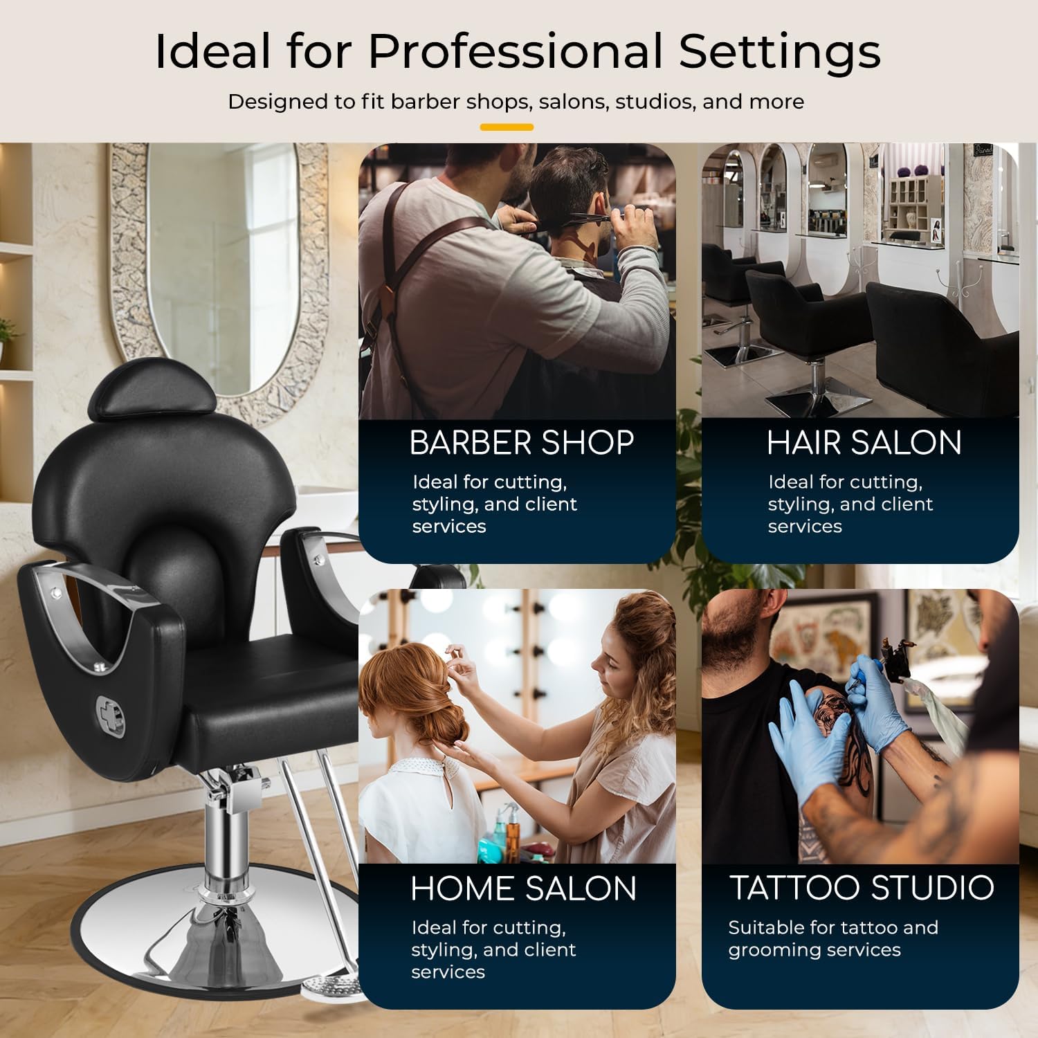 Salon Chair for Hair Stylist, Reclining Styling Chair with 360° Swivel, Adjustable Height, Hydraulic Heavy Duty Beauty Spa Equipment for Hair Cutting, Shampoo, Tattoo - Black Silver