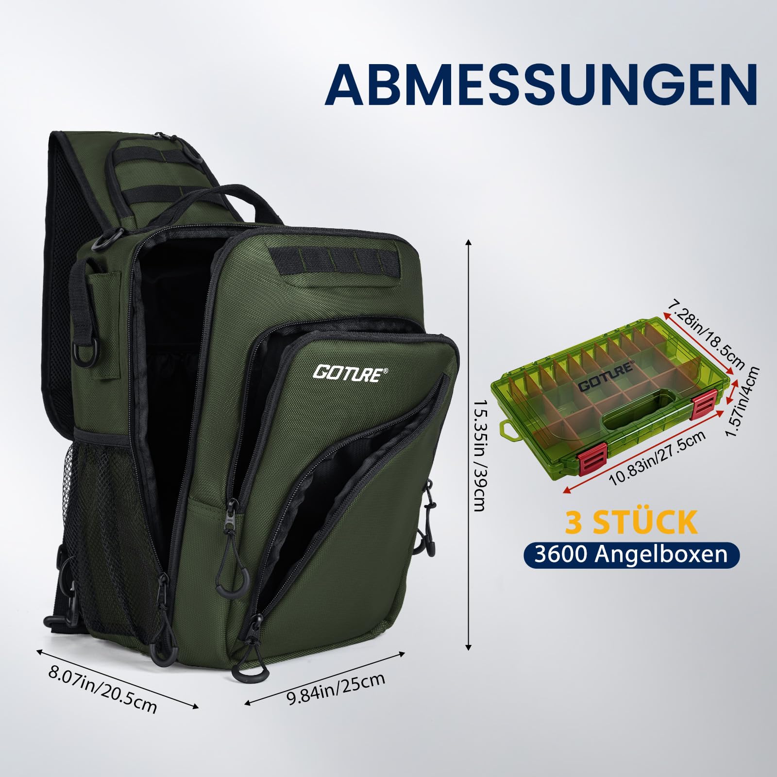 Goture Angelrucksack Umhängetasche mit 3 Köderboxen, wasserabweisend | Gepolsterte Schultergurten, rutschfester Boden, verstellbarer Angelrutengurt – ideal für Angel- und Outdoor-Ausflüge