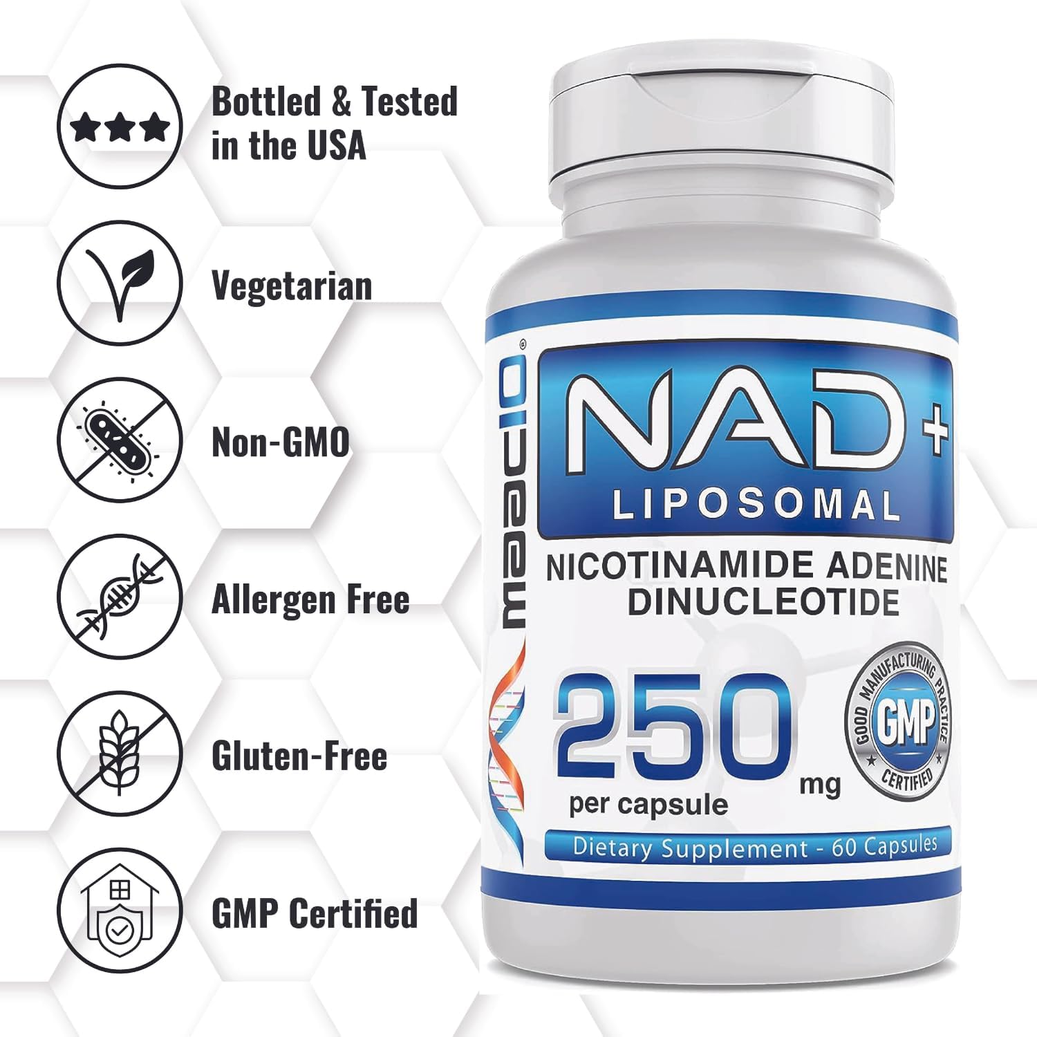 MAAC10 Liposomal NAD Supplement 500mg Serving (2x250mg Capsules) Actual Nicotinamide Adenine Dinucleotide