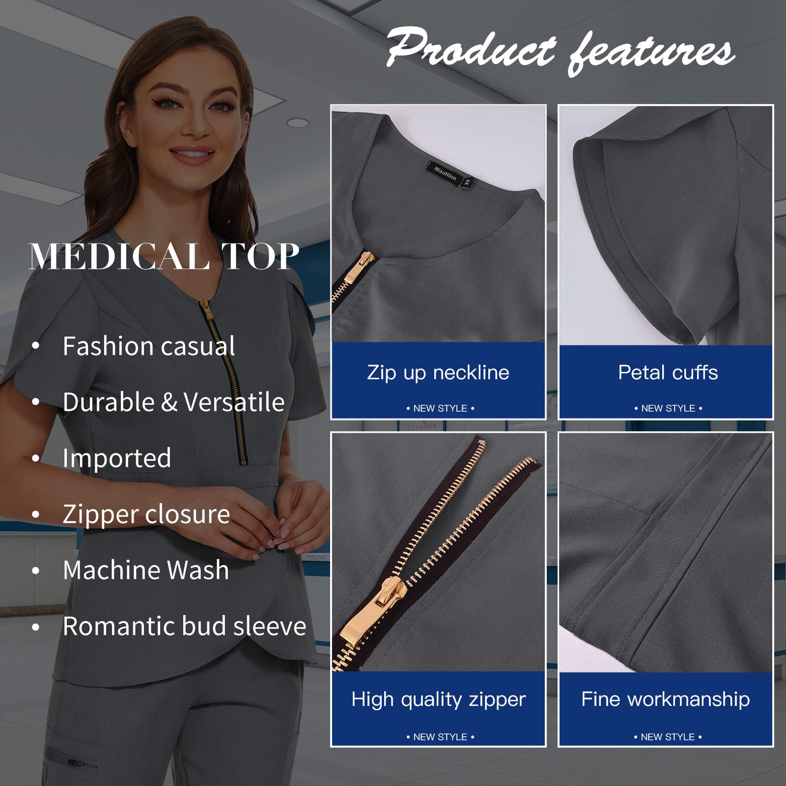 VIAOLI Scrub Tops for Women Nurse Shirt Uniform Workwear Fashionable with Ruffle and Zipper Design Medical Clothes Grey