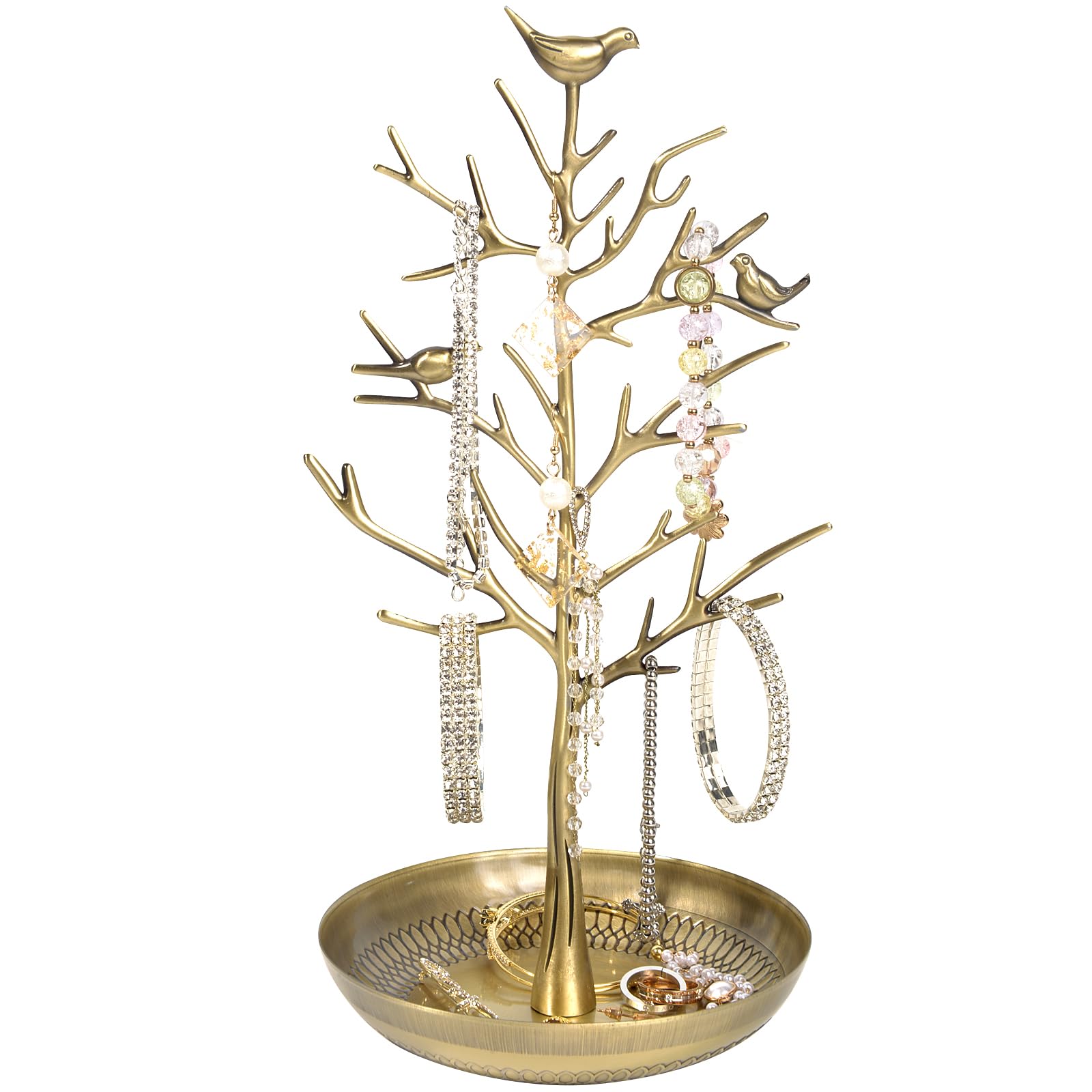 ChezMax Jewelry Display Necklace Earring Organizer Holder Metal Birds Tree Stand with Tray Antique Bracelet Rings Rack Tower Decoration for Women Girl Gold 11.8 Inch