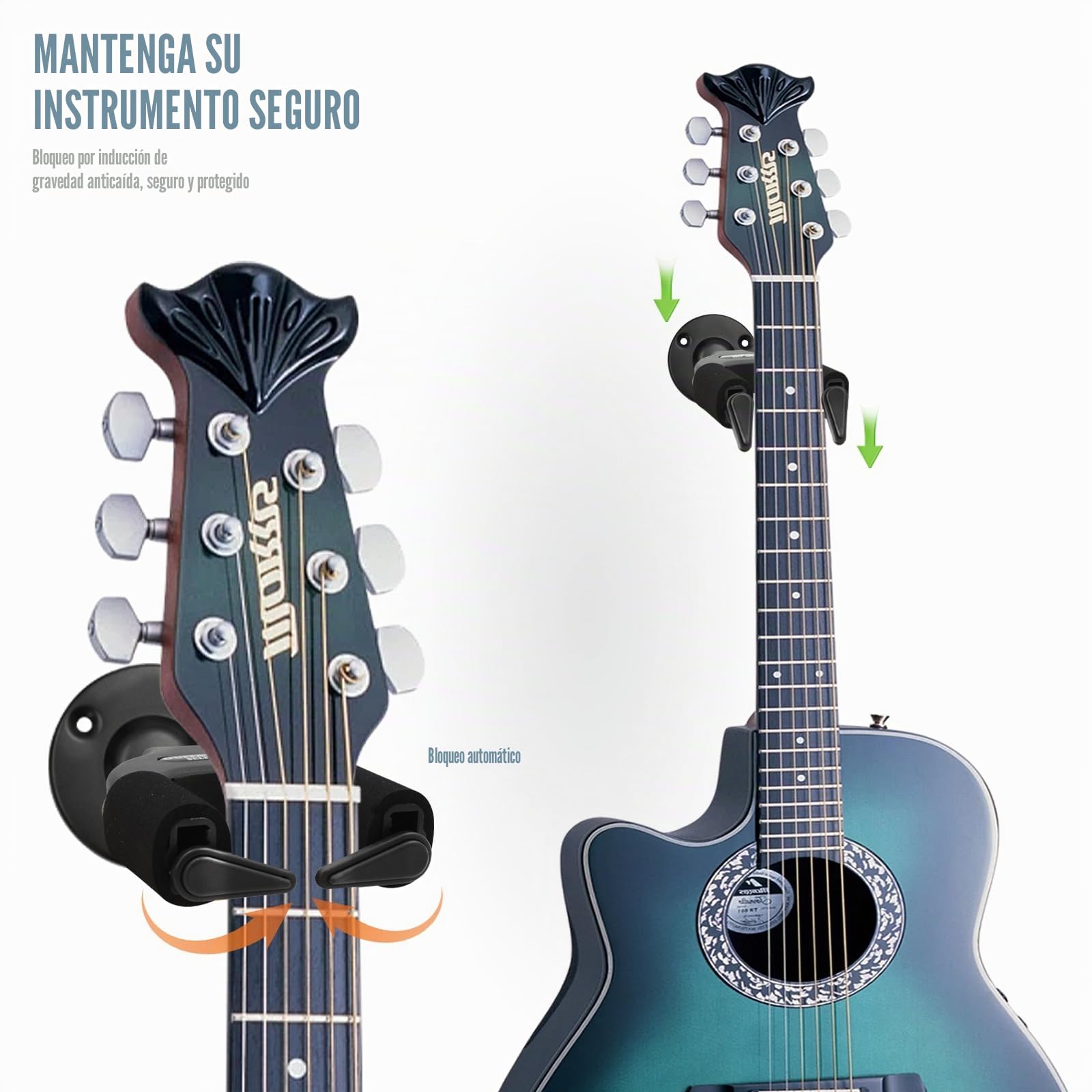 Soporte de pared para guitarra con bloqueo automático – Soporte universal de pared para guitarra acústica, guitarra eléctrica, bajo, guitarra clásica, ukelele y más, 2 unidades