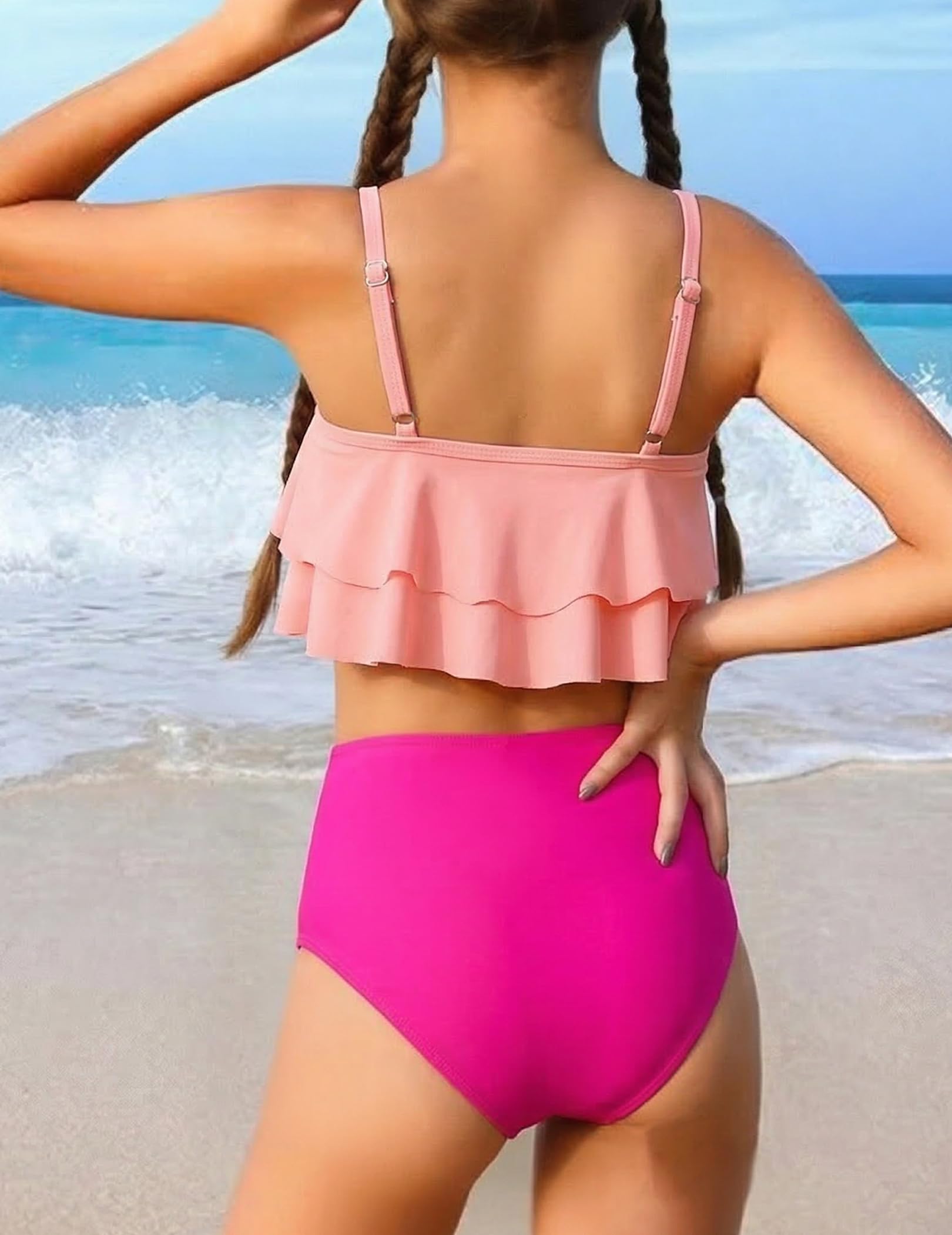 Arshiner Niñas Dos Piezas Traje de Baño con Volantes Niños Verano Conjuntos de Bikini Ajustables Tankini Bikini Set para Niñas 7-15 Años