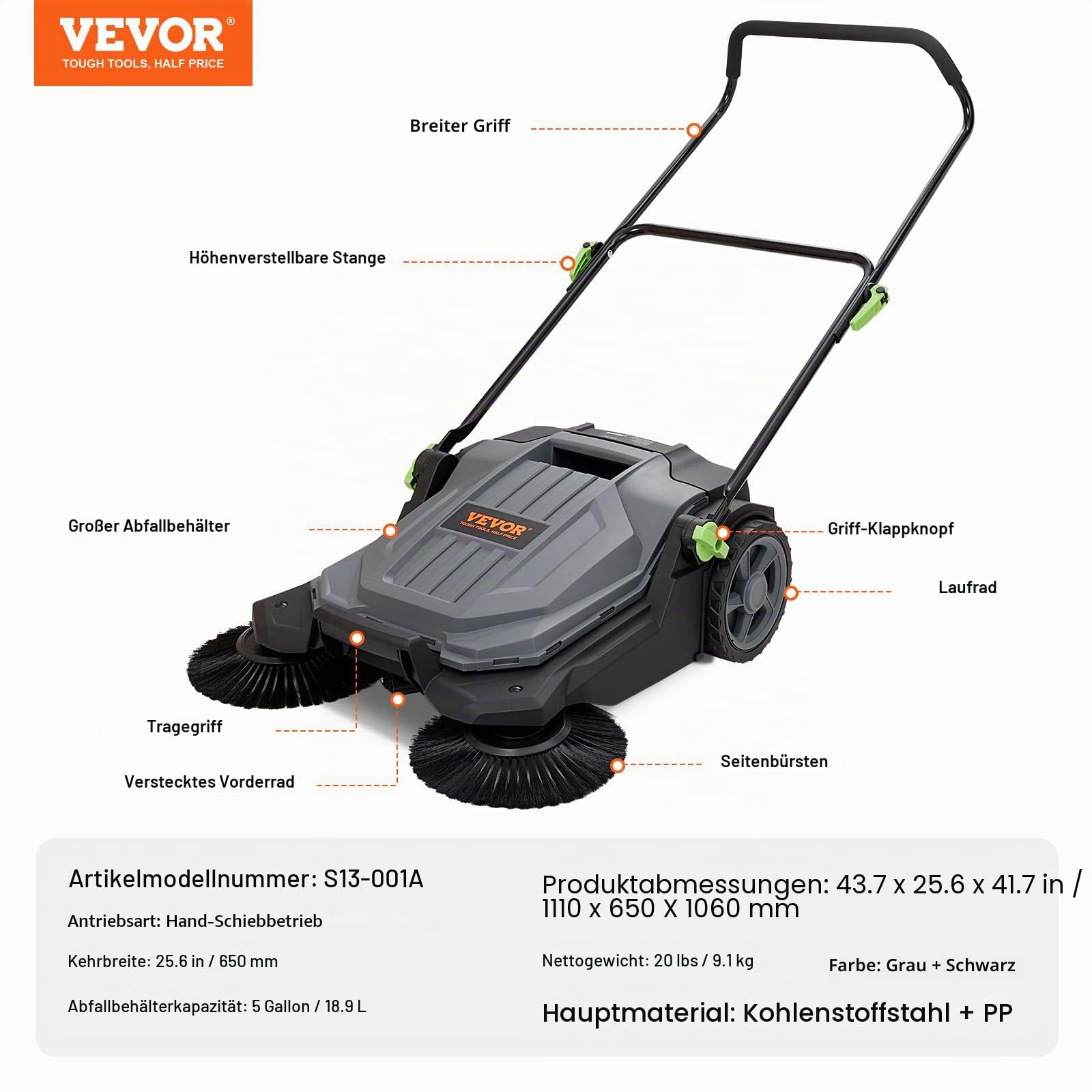 VEVOR Bodenkehrmaschine, mechanischer Kehrbesen mit 65 cm Kehrbreite, nicht elektrischer Handbesen, Abfallbehälter 18,9 L, klappbarer Griff mit einstellbarem Winkel und Höhe für Einfahrt und Hof