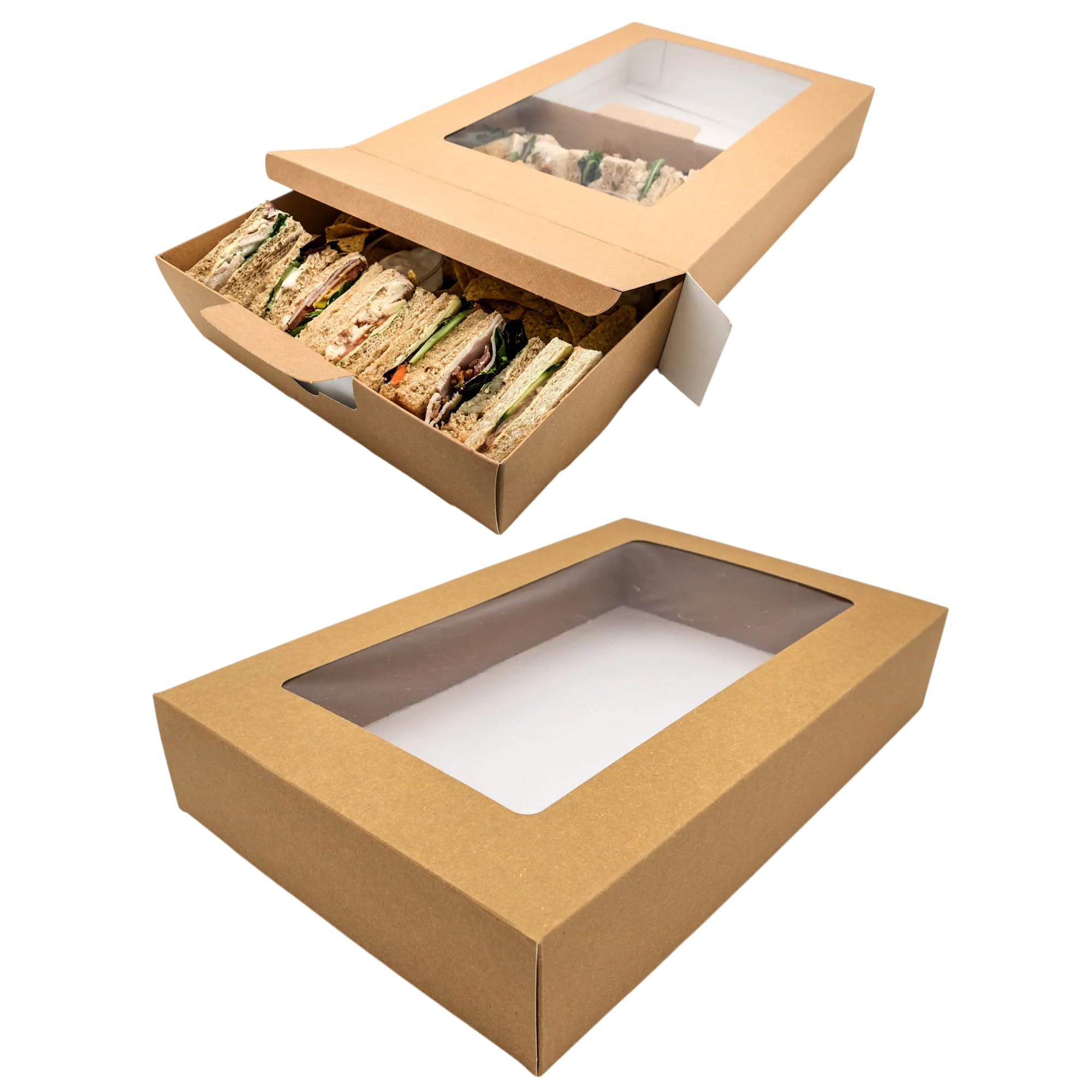 CHEF ROYALE 10x Pack Bakery Box with Window Lid, 30x20x2.5cm Brown Cookie Platters, Kraft Paper Platter for Sandwich, Wraps Donuts, Macarons, Muffins & Cookies for Parties Events and Meetings