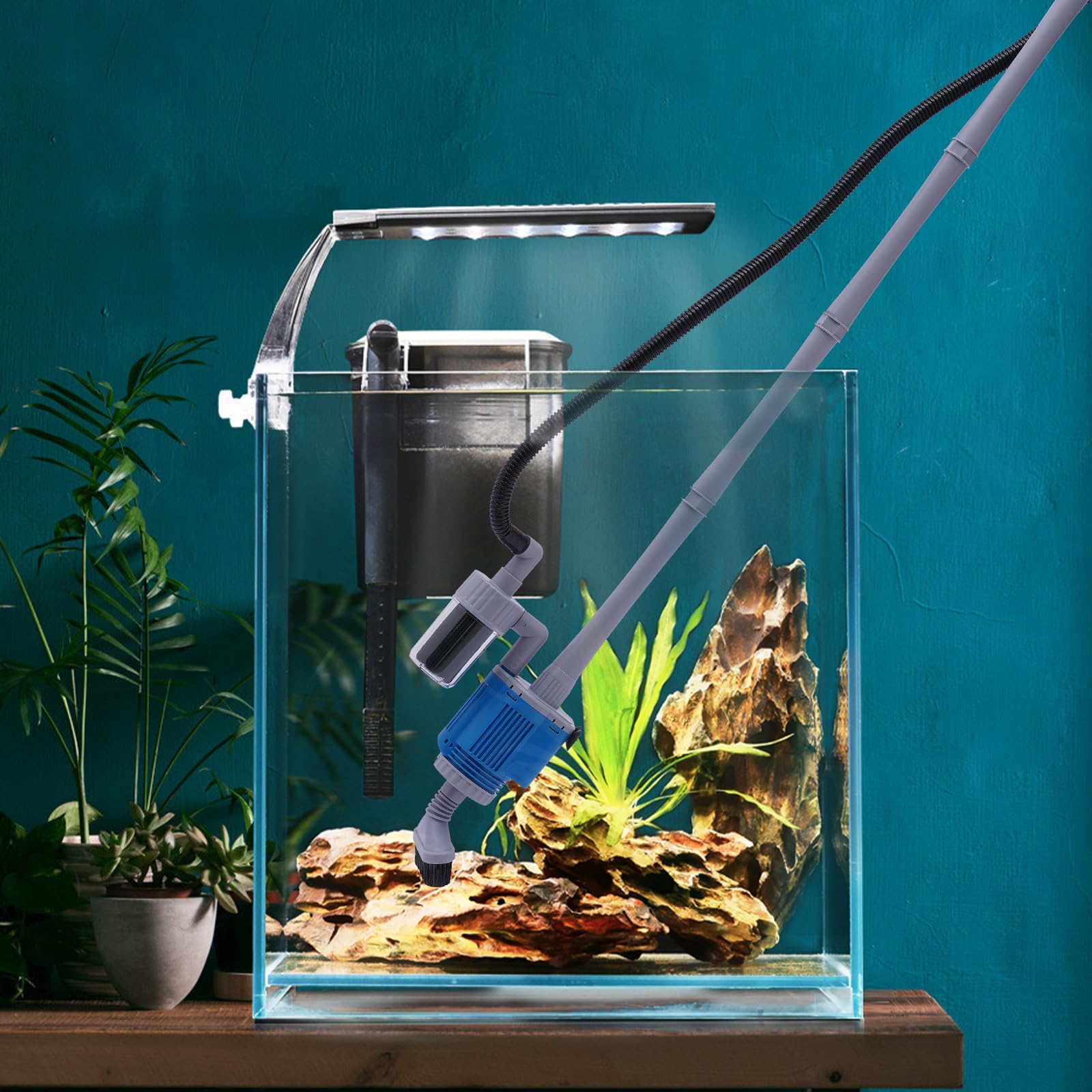 Limpiador de grava automático para acuario, 28 W, 1700 l/h, limpiador de grava para acuario, con 4 tubos de extensión, boquilla de pato giratoria 360°, juego multifunción para cambio de agua y