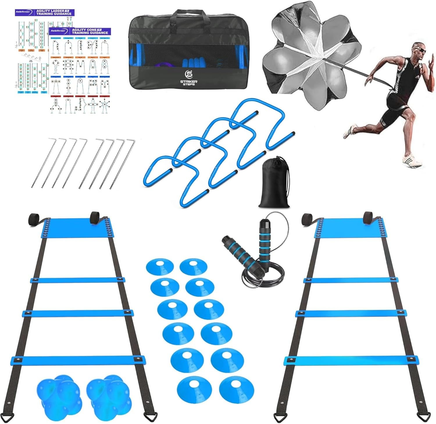 2x 20ft Agility Ladder Speed Training Set – Double Ladder Kit with 12 Cones, 4 Adjustable Hurdles, Jump Rope & Running Parachute | Agility Equipment for Soccer, Football, Basketball, Kids & Adults