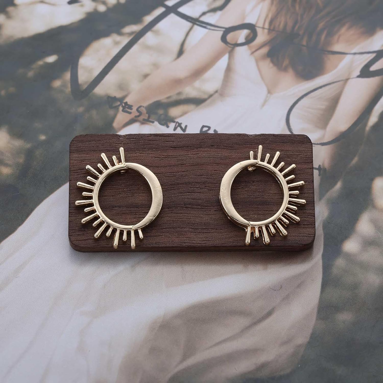 Boho Open Circle Hoop Earrings Gold Sunburst Earrings Sun Moon Stud Earrings Vintage Crescent Moon Earrings Statement Round Earrings Jewelry for Women - Image 3
