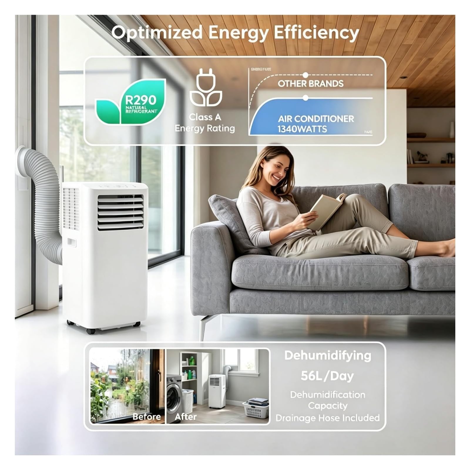 12000 BTU Portable AC z timerem, osuszacz wentylatora 4 w 1 do pomieszczeń do 30sqm, energooszczędny mobilny klimatyzator z zestawem wydechowym do biura w sypialni