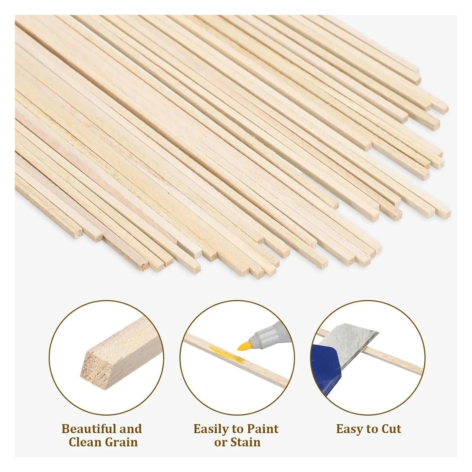 Drewniane pręty kołkowe, Zestaw różnorodnych naturalnych drewnianych patyczków w różnych rozmiarach do majsterkowania, modelarstwa i dekoracji(2x10x200mm 50pcs)