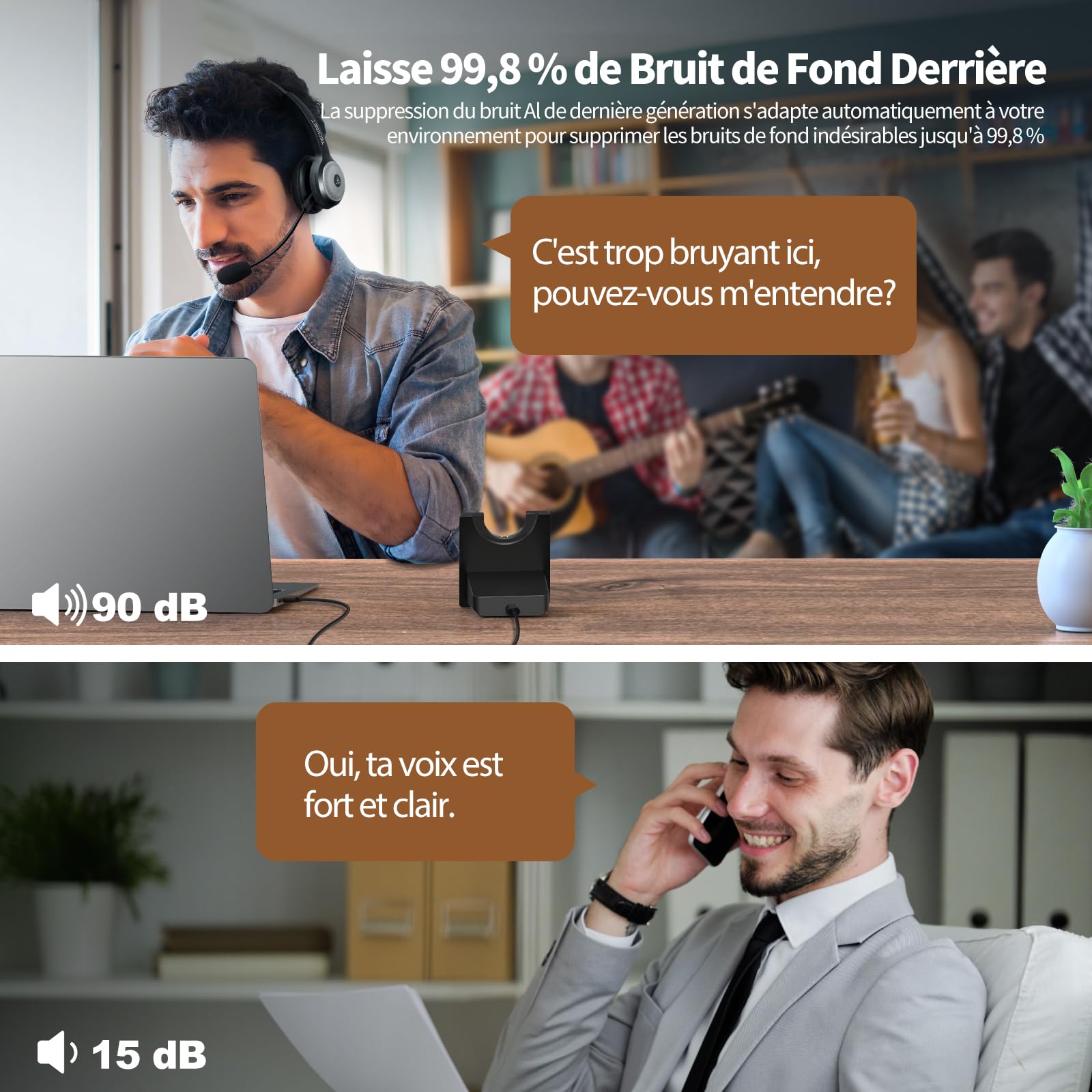 TECKNET Casque Bluetooth avec Microphone, Casque sans Fil Suppression du Bruit AI avec Station de Charge, 40 heures d'autonomie,pour PC Portable Ordinateur/Centre d'appels/Téléphones/Skype/Bureau/Zoom