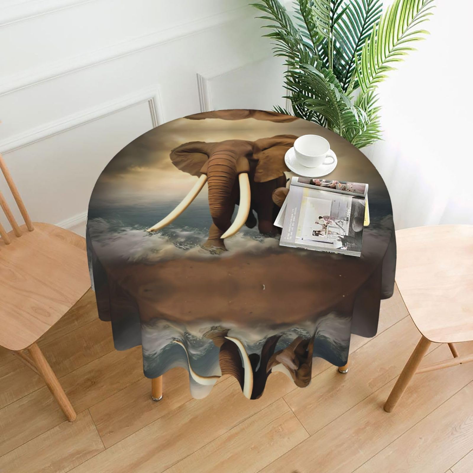 WHJSSF Elephants and Baby Elephants by The Sea Prints Round Decorative Tablecloth 60in - Elevate Your Dining Experience with a Stylish & Protective Table Throw