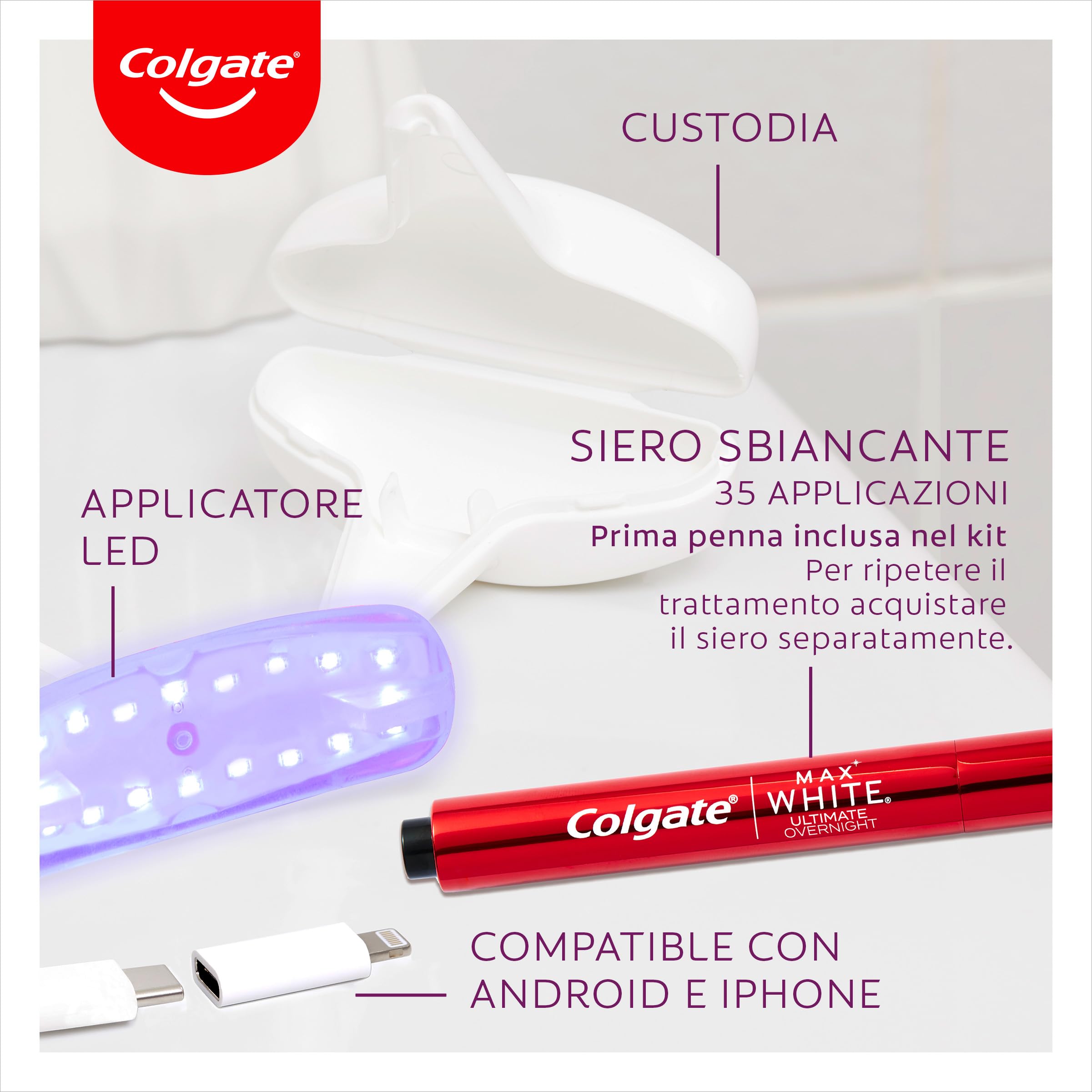 Colgate Max White Ultimate, Kit Sbiancante Denti con Penna Sbiancante Denti + Luce Led sbiancante, Denti Bianchi, Illumina il sorriso in 10 Minuti, Sbiancamento Denti, Sicuro per lo Smalto