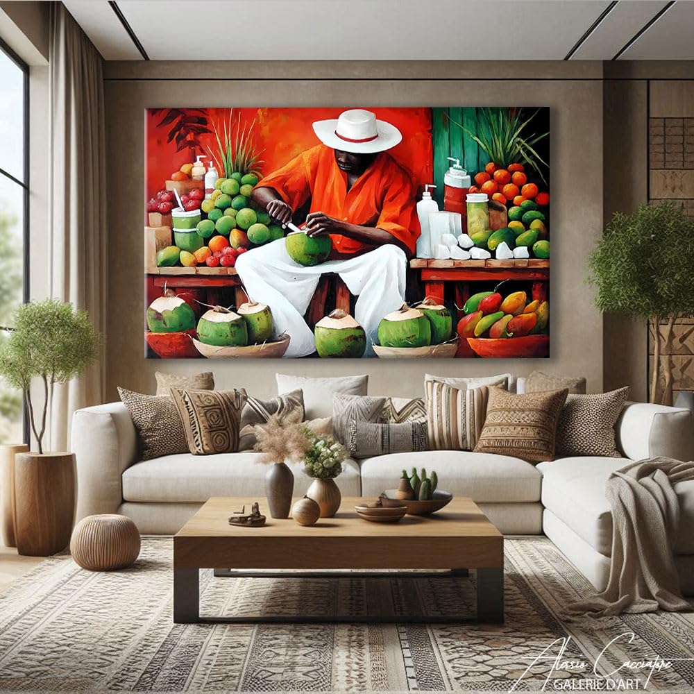 Alessio Cacciatore Quadro caraibico - Cornice decorativa da parete cucina frutta - Stampa su tela orizzontale moderna astratta - Quadro noce di cocco - Poster decorativo da parete rosso (40 x 30 cm)
