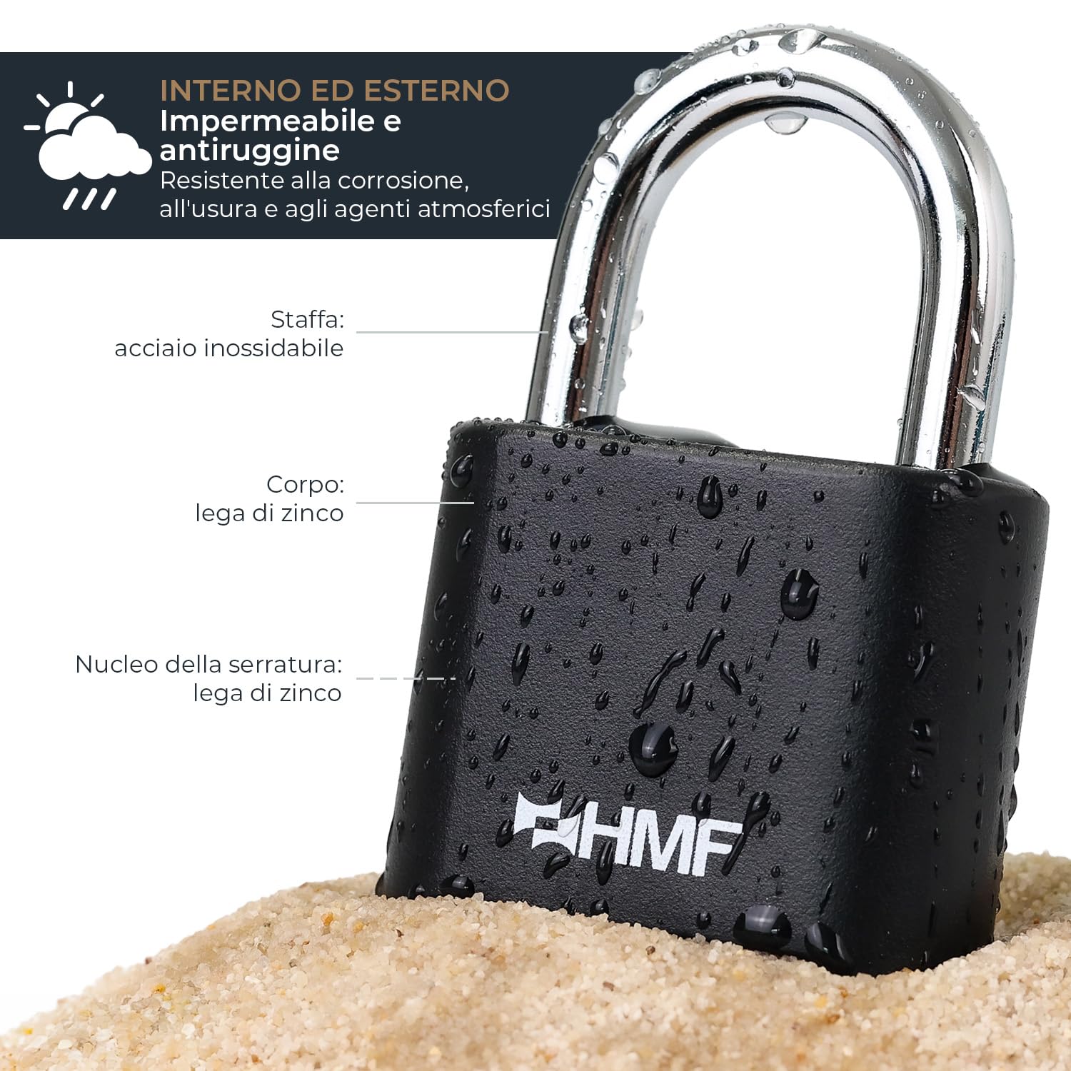 HMF Lucchetto a combinazione con codice a 4 cifre, Lucchetto robusto in lega di zinco | 5,3 x 2,4 x 7,8 cm | Nero