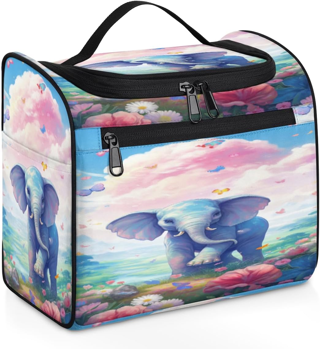Toiletry Bag with Hanging Hook Makeup Bag Cute Elephant Butterfly Spring Flower Cosmetic Case Travel Organizer for Women Men Traveling Wash Bag