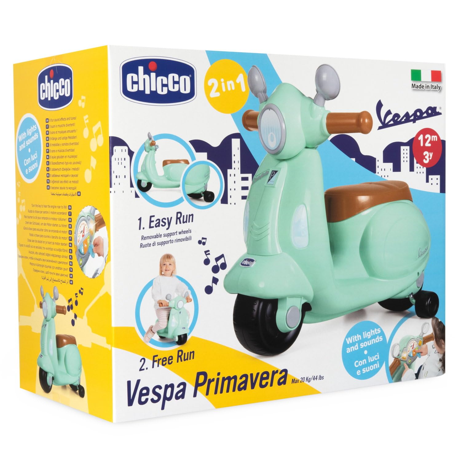 Chicco Vespa Primavera für Kinder Grün, fahrbares Spielzeugmotorrad mit elektronischem Bedienfeld, Lichtern und Geräuschen, abnehmbare Stützräder, Max 25 Kg - Spielzeug für Kinder 1-3 Jahre