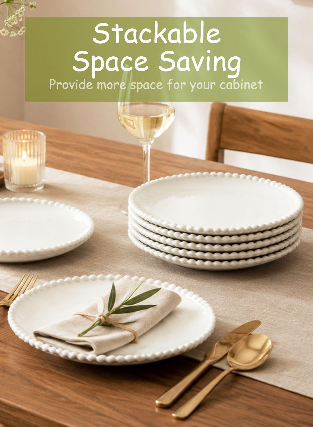 10.5 Inch Porcelain White Large Beaded Dinner Plates Set of 8 | Round Shape,Appetizer Plate,Ceramic,Dinnerware Serving,Salad,Pancakes,Steak,Pasta,Microwave, Dishwasher,Oven Safe