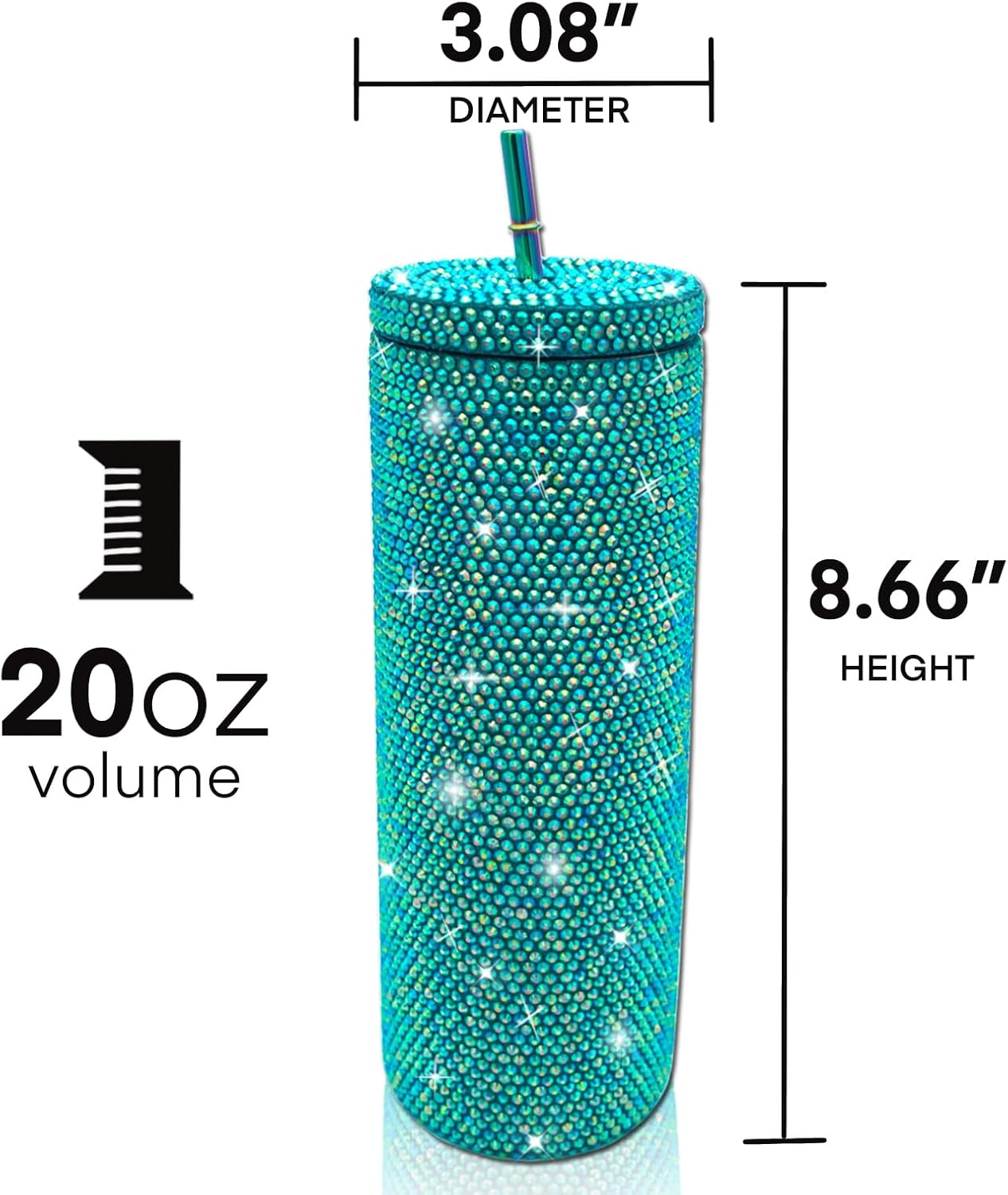 20oz Bling Diamond Tumbler with Lid and Straw Studded Skinny Tumbler Stainless Steel Vacuum Insulated Water Bottle Double Wall Iced Coffee Mug Reusable Glitter Cups (Ocean Blue) - Image 2