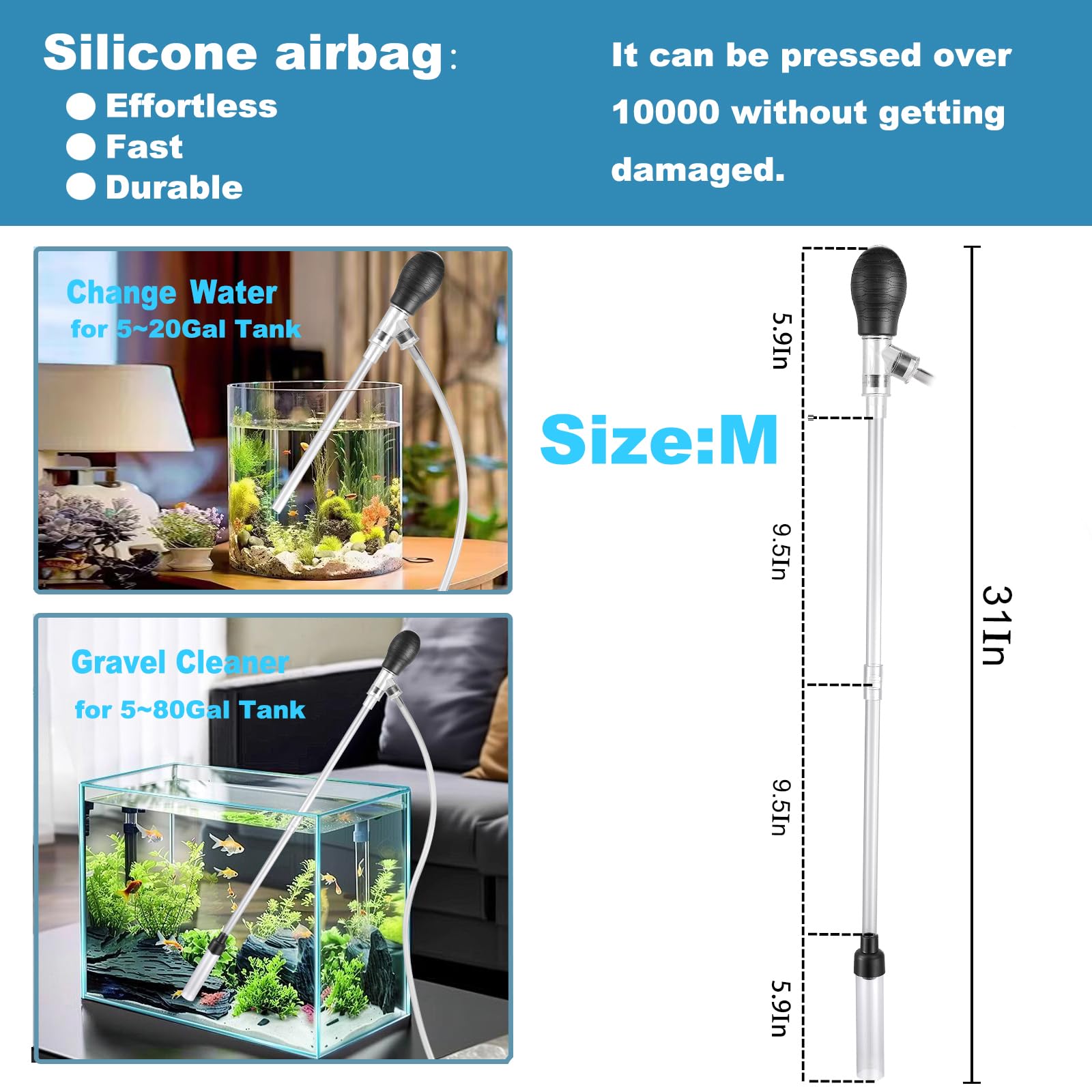 Carefree Fish Limpiador de grava para acuario, manguera de 6 pies, cambiador de agua, aspiradora de arena, bolsa de aire de silicona, longitud ajustable ABS (para tanque de 5 ~ 20 galones) versión