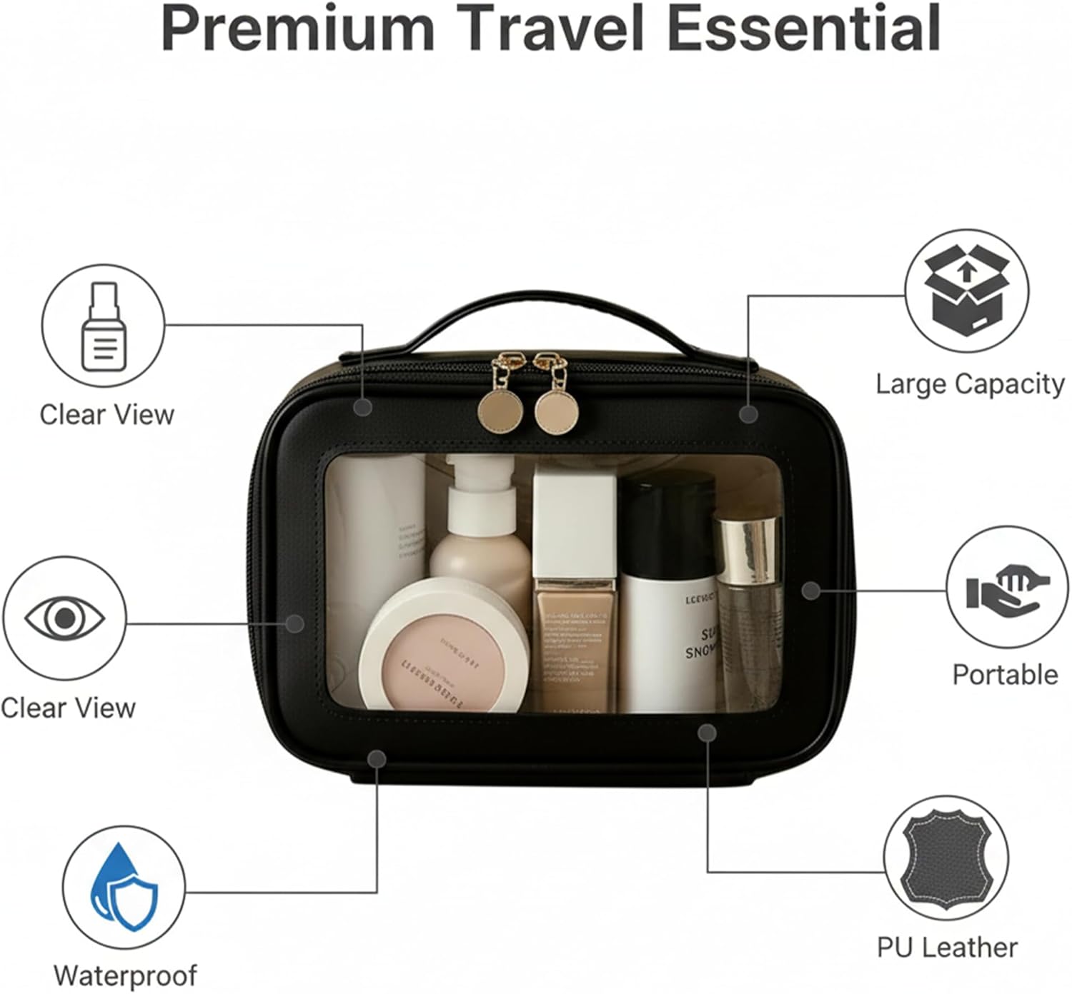 2 Complete Sets of 3-Size Makeup Bags | Premium Transparent & Waterproof Cosmetic Organizer Storage Bag | Travel Toiletry & Skincare Storage Set (Black, L+M+S+MakeupBrushes)